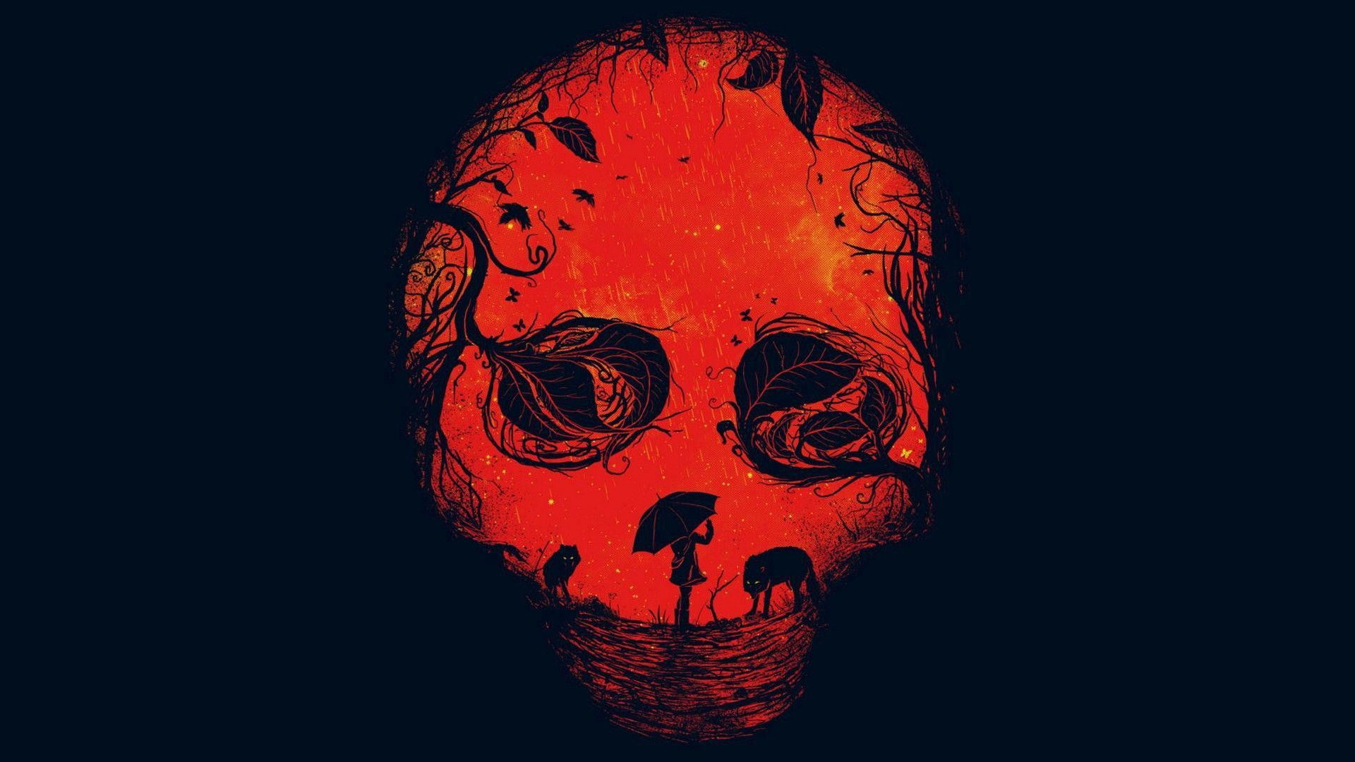 red skull illustration, red and black skull digital artwork, minimalism