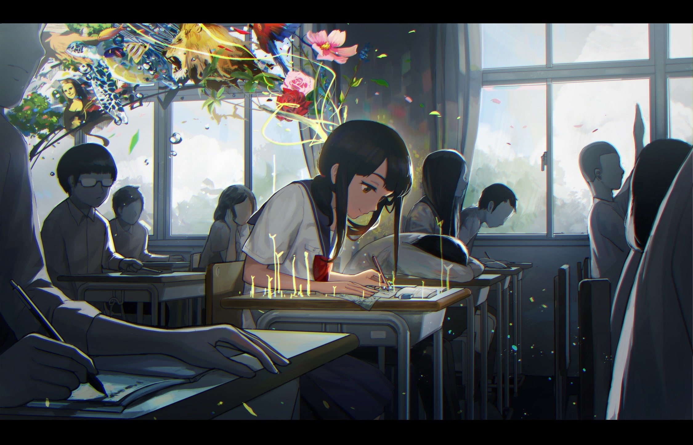 anime classroom, anime girl, dream world, school uniform, desk