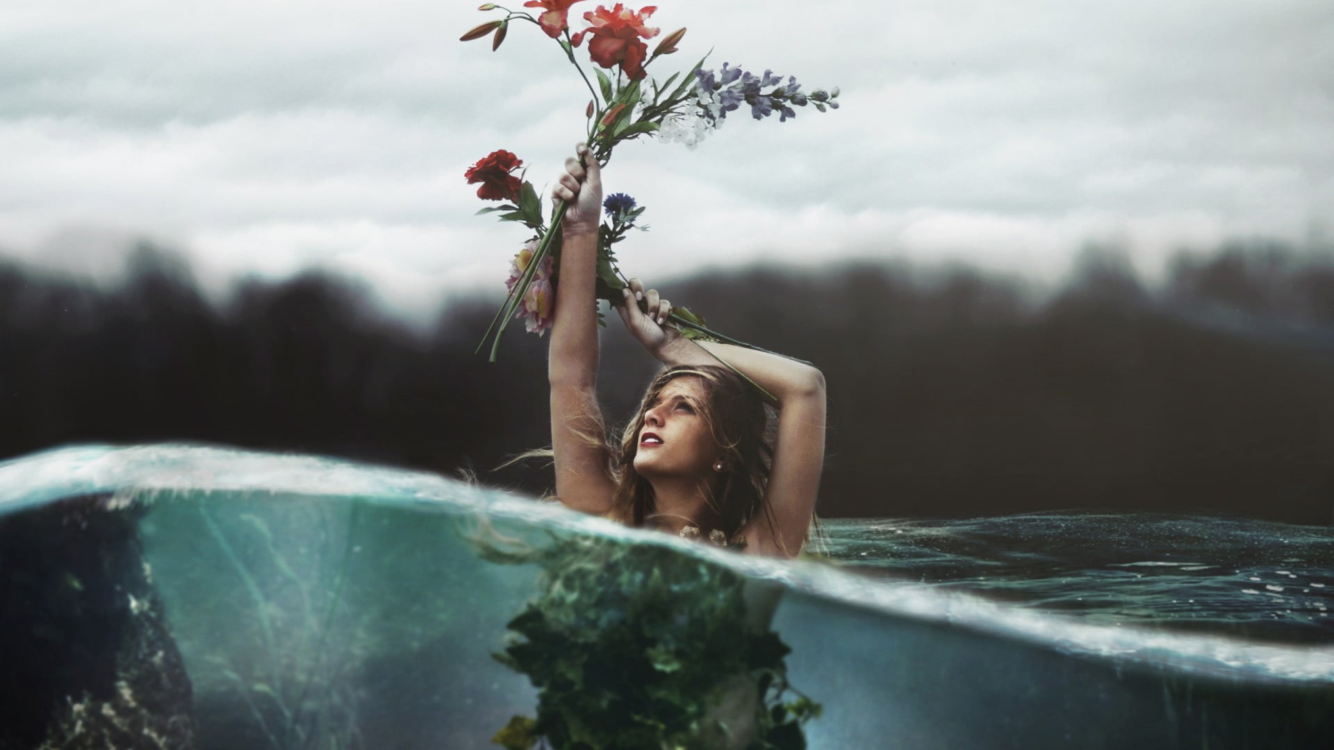 women, flowers, sea, split view, bouquets, water, nature, one person