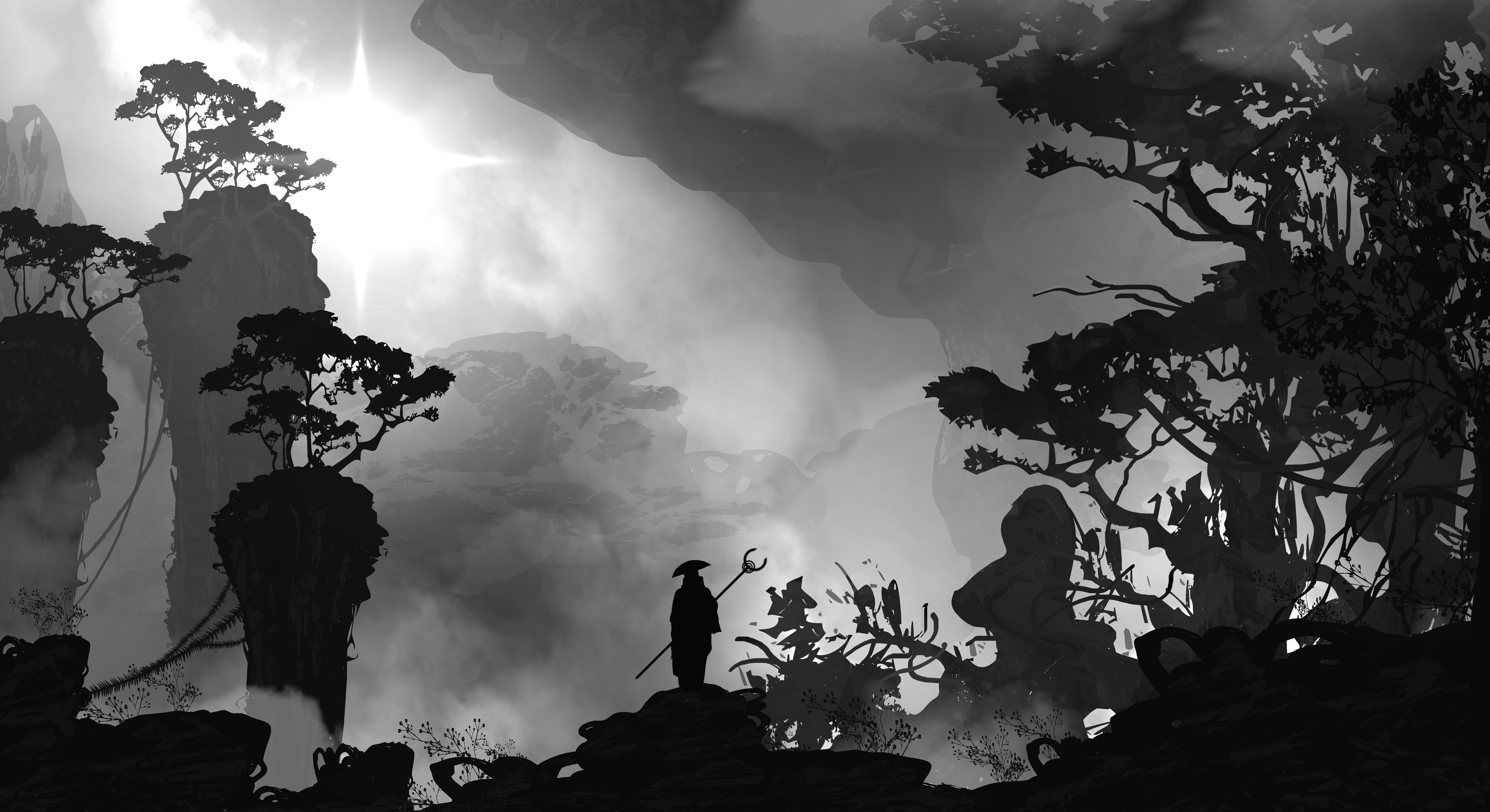 silhouette of man standing on rock, monochrome, Asian, landscape