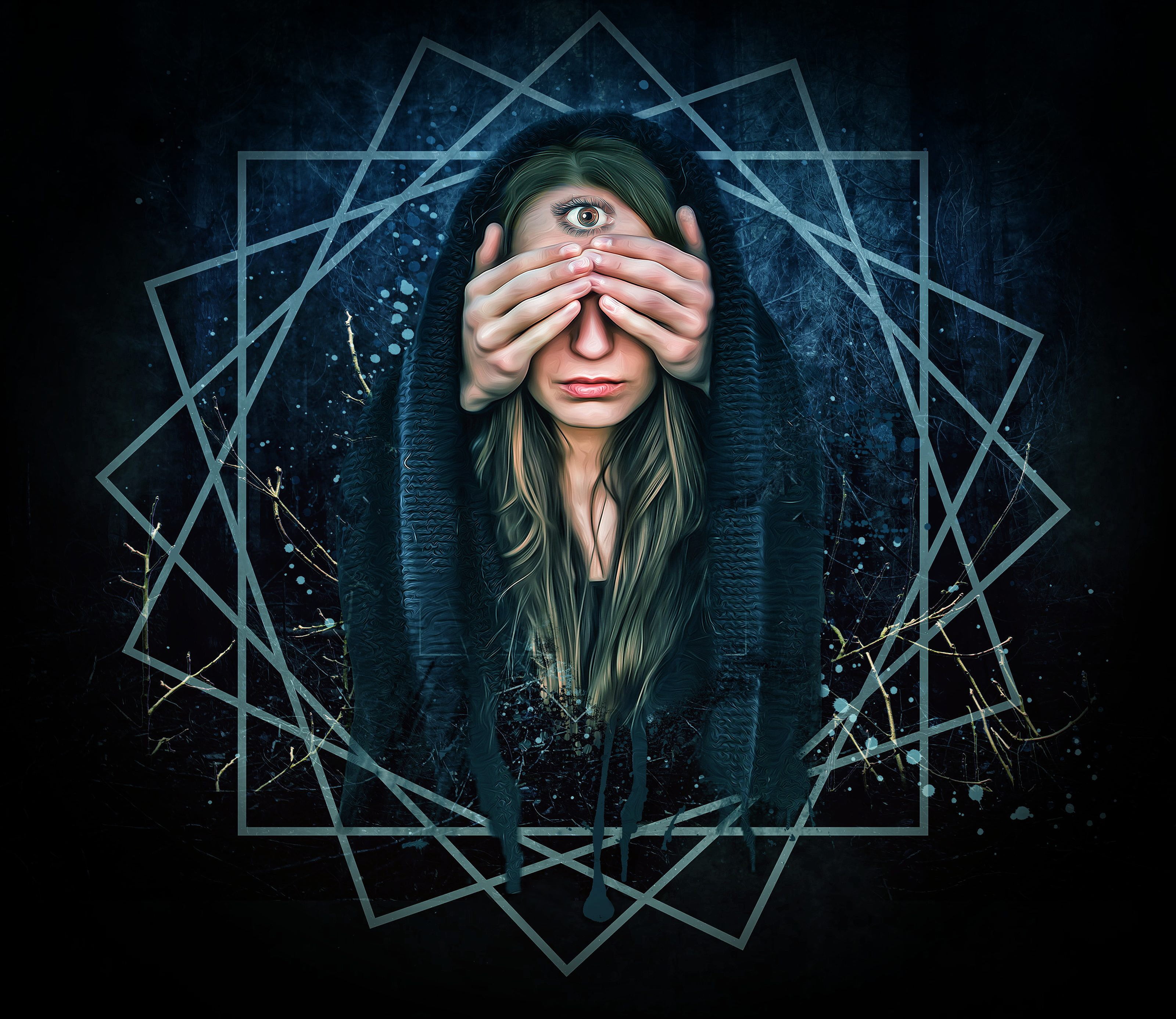 third eye, eyes, hands, art, emotion, one person, young adult