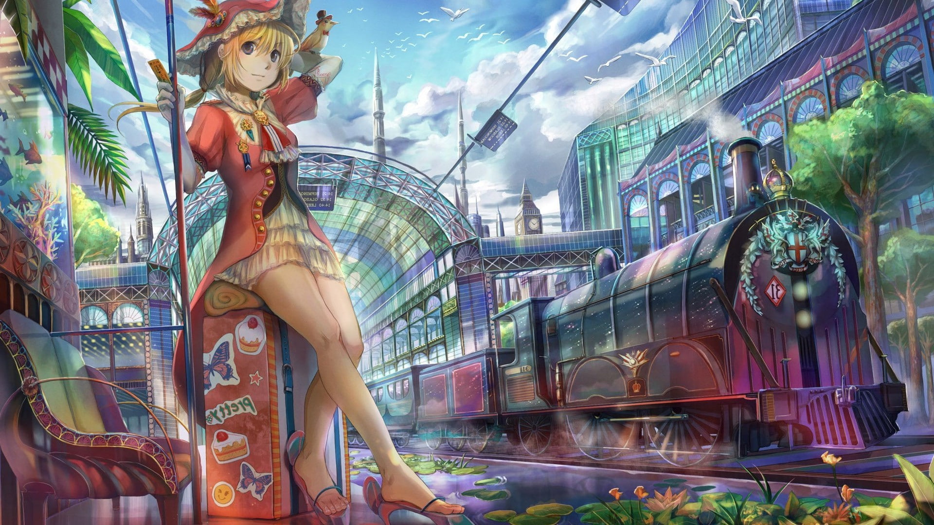 train anime girls pirates artwork, amusement park, built structure