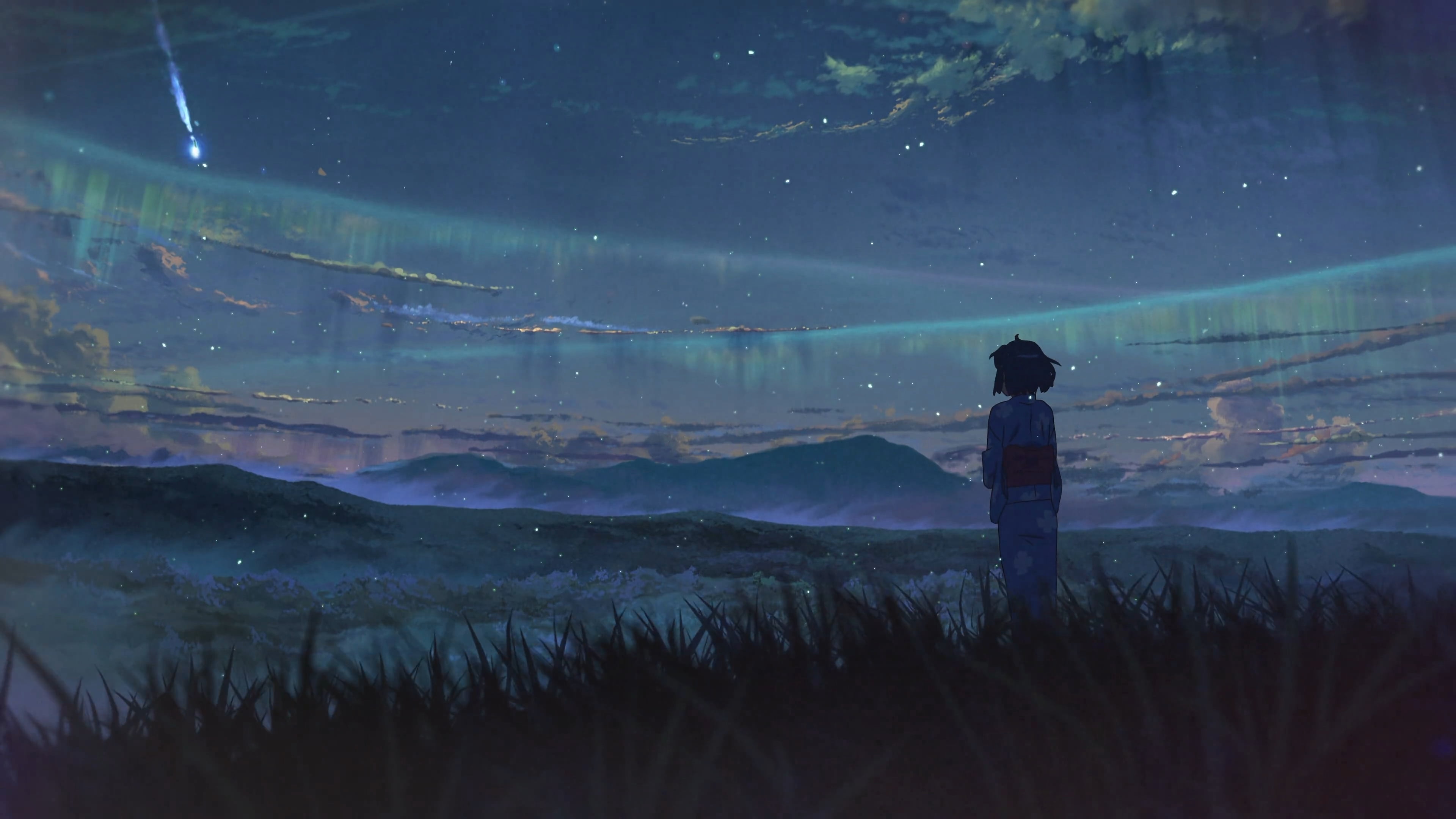 woman standing on grass field illustration, Makoto Shinkai, Kimi no Na Wa