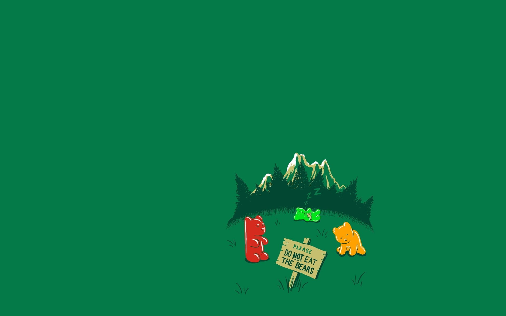 green and white mountain illustration, humor, gummy bears, minimalism