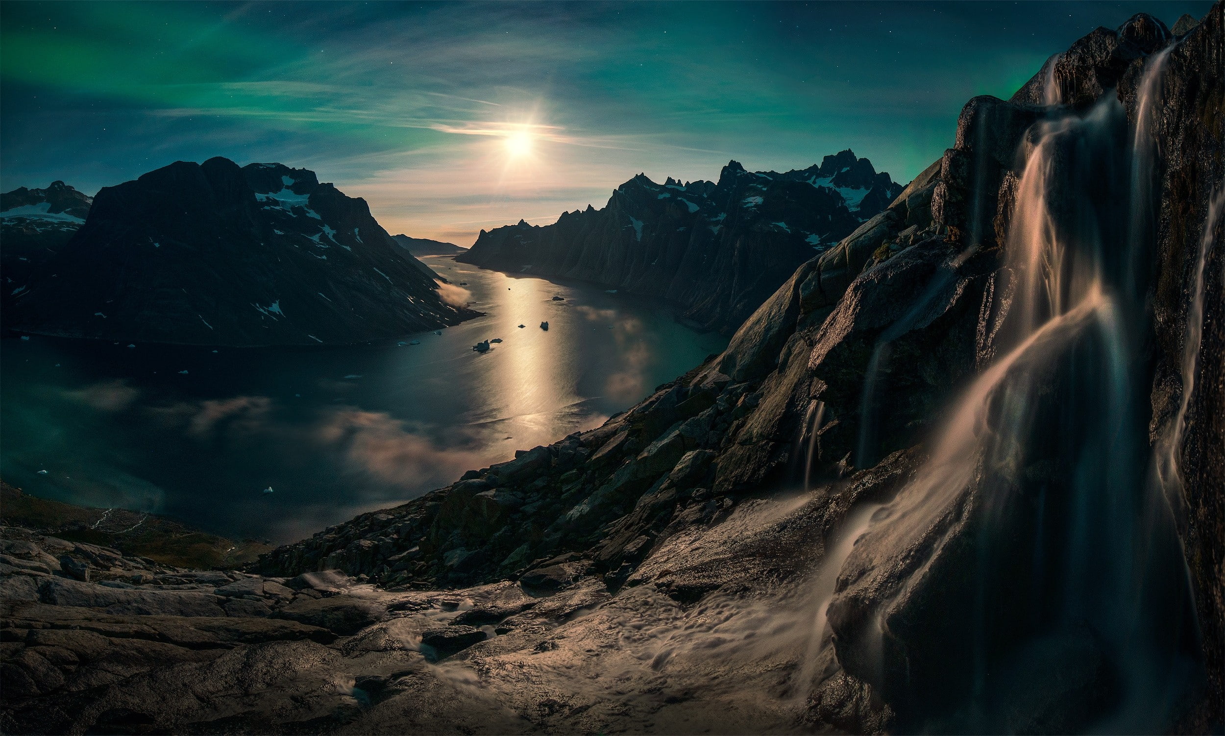 nature landscape photography mountains waterfall snow fjord moonlight starry night greenland aurorae long exposure max rive clouds reflection