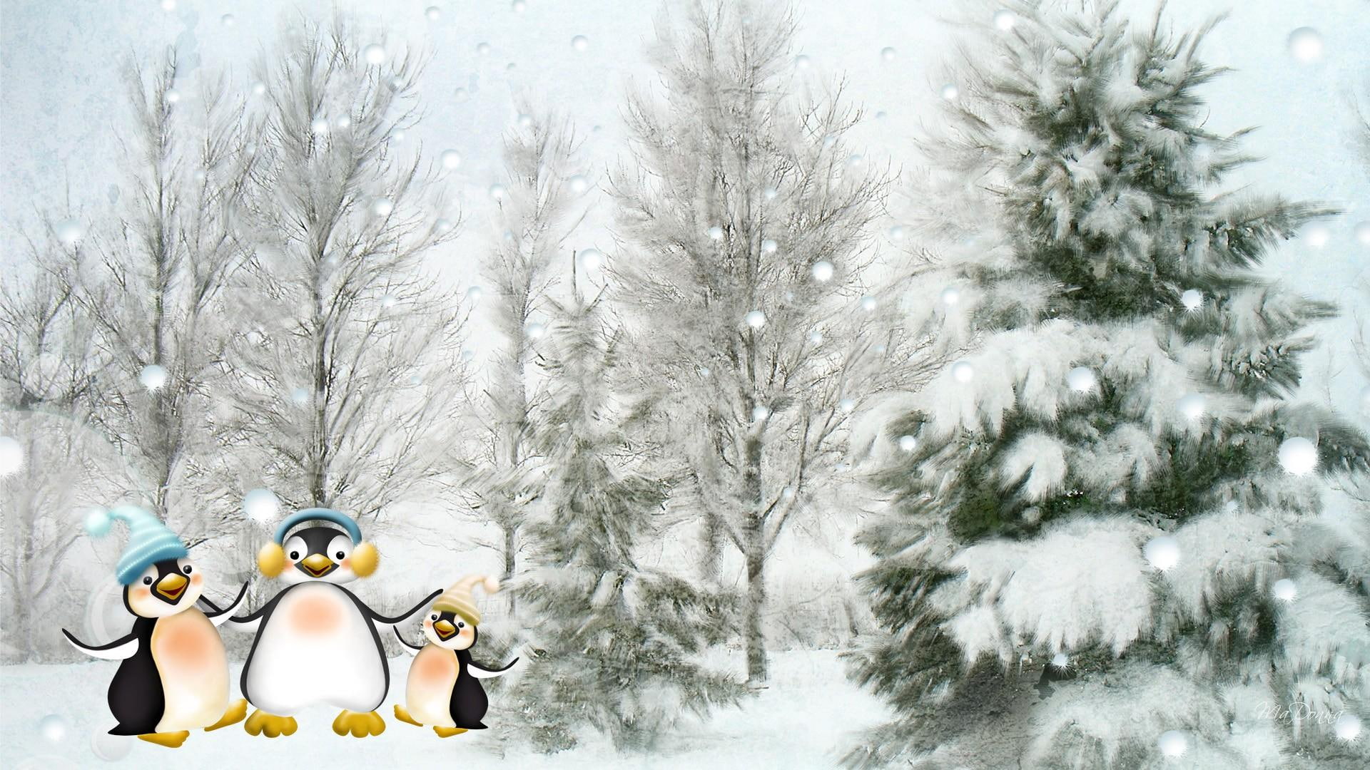 Happy Penguins, snow covered tree, firefox persona, christmas