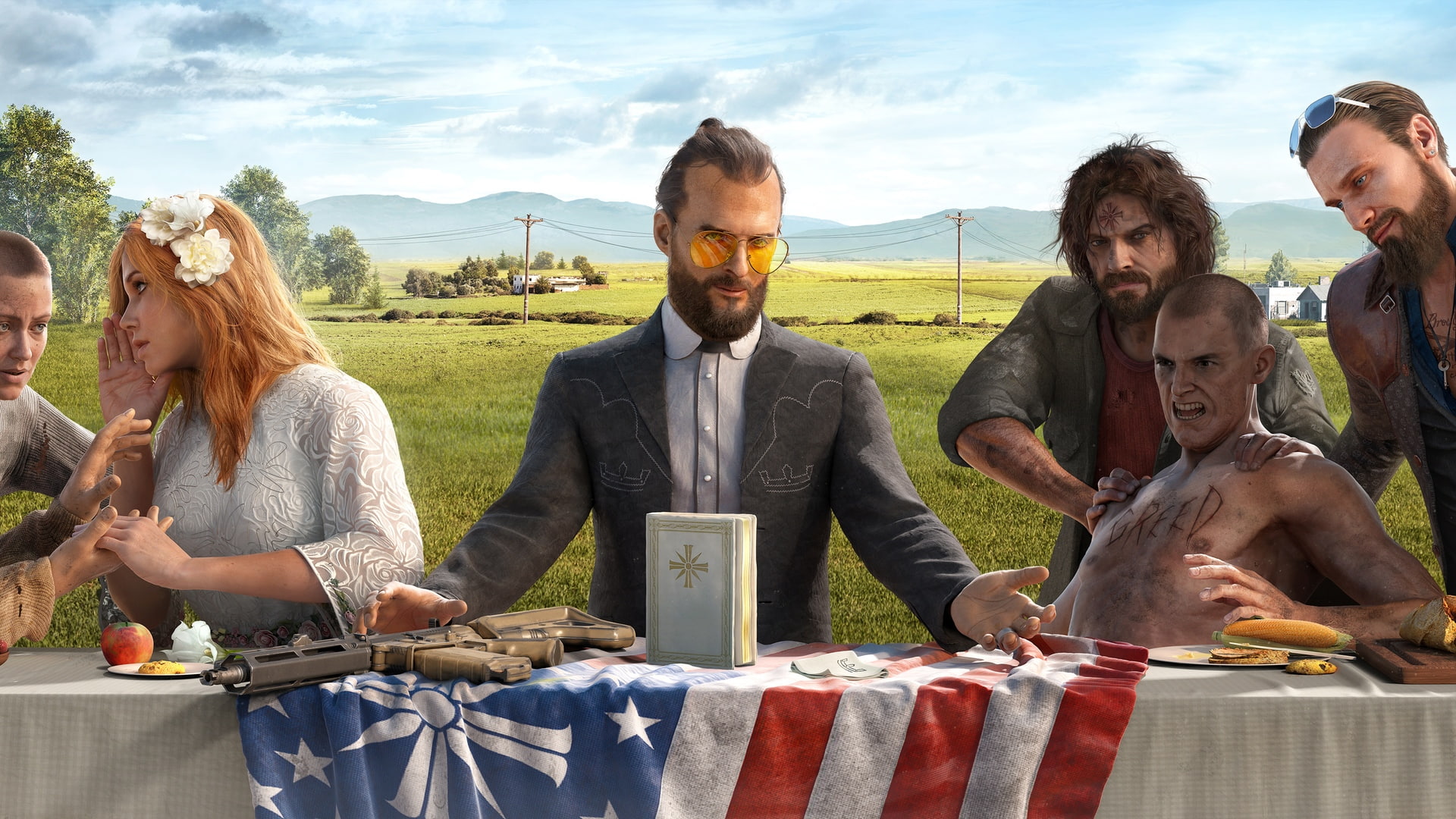 video games, Far Cry 5, table, redneck, gun, valley, religion