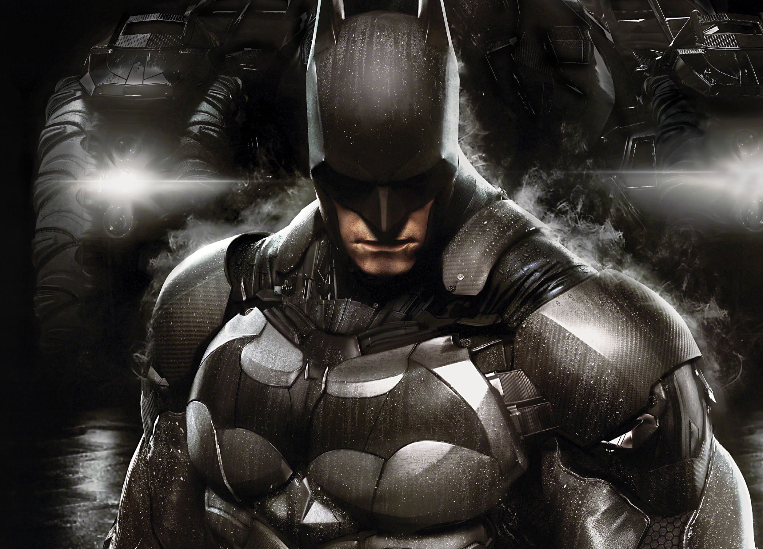 Batman illustration, drops, lights, smoke, armor, fighter, equipment