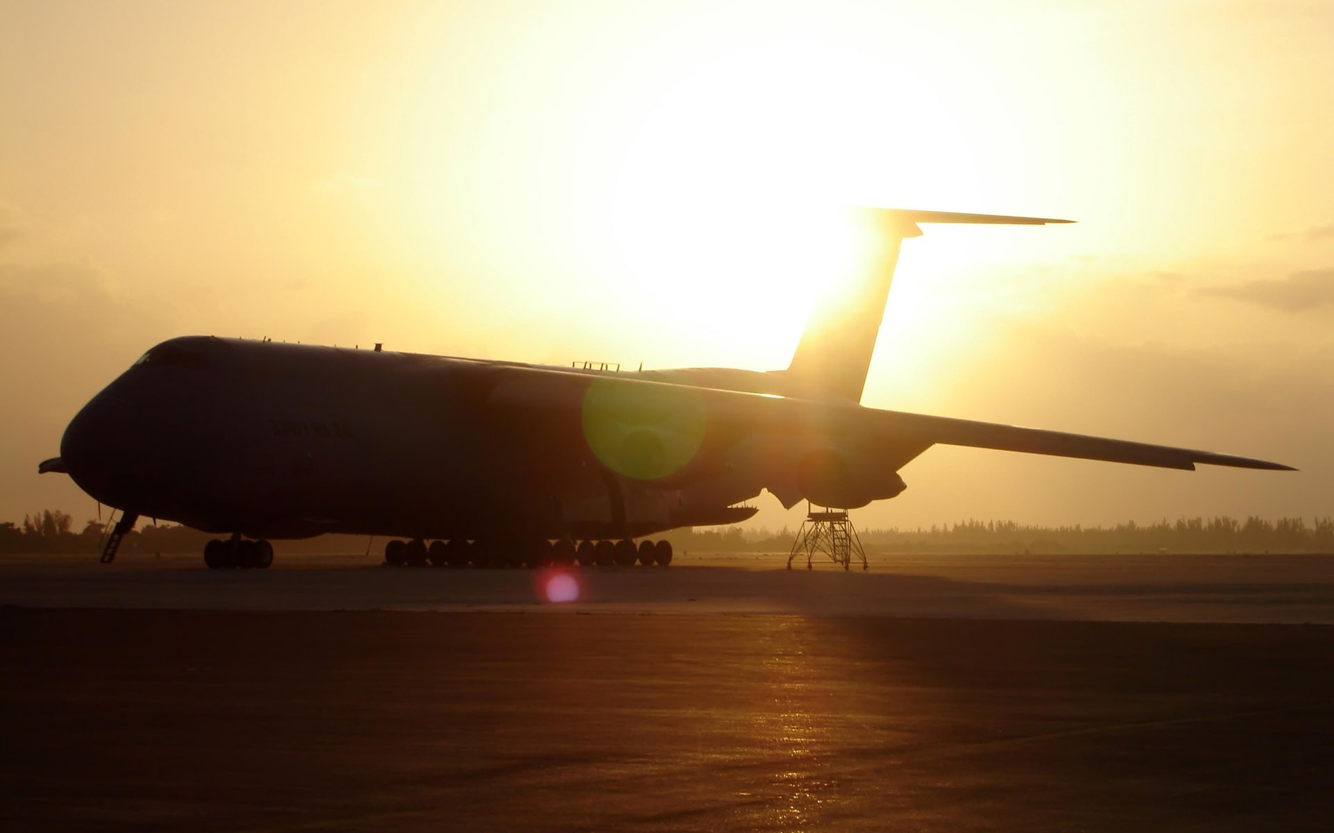 airplane, Lockheed C 5 Galaxy, Silhouette, sunlight, sunset