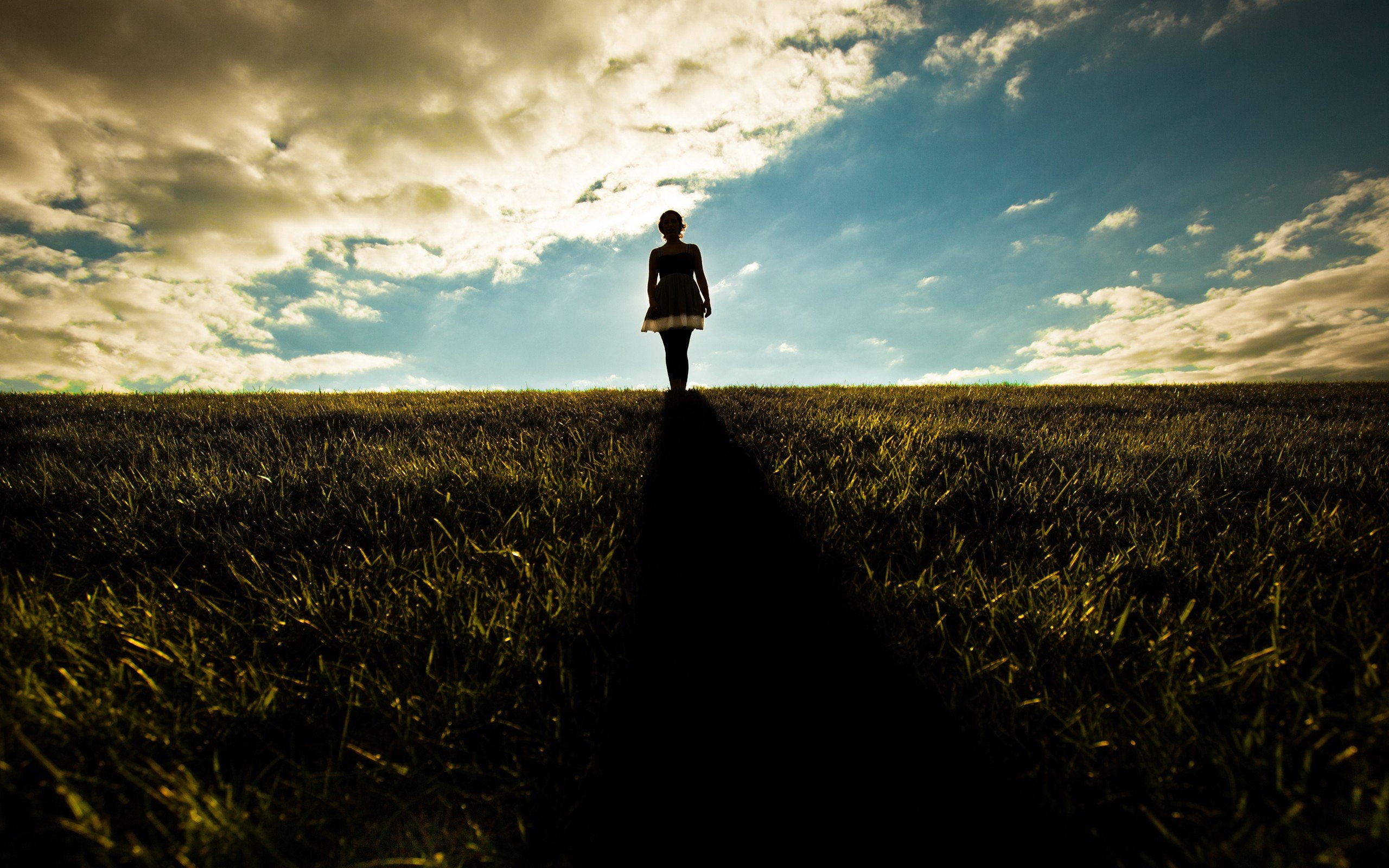 clouds, fields, grass, skyscapes, women