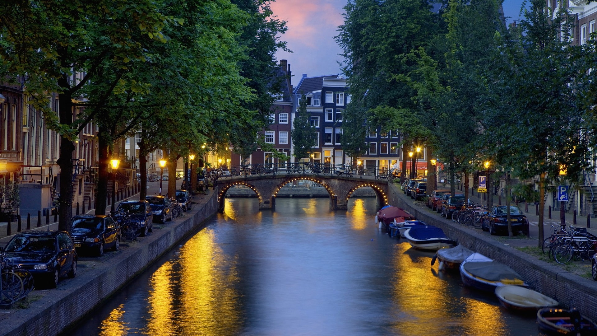 town netherlands amsterdam rivers evening 1920x1080  Nature Rivers HD Art