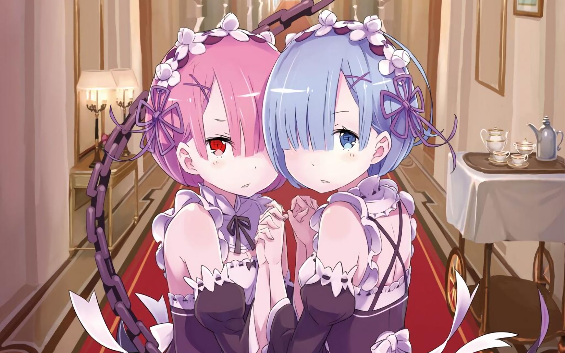 two pink-haired and blue-haired female anime characters, anime girls
