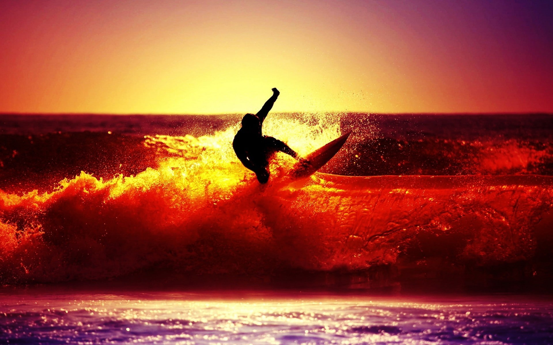 sunset, surfing, sea