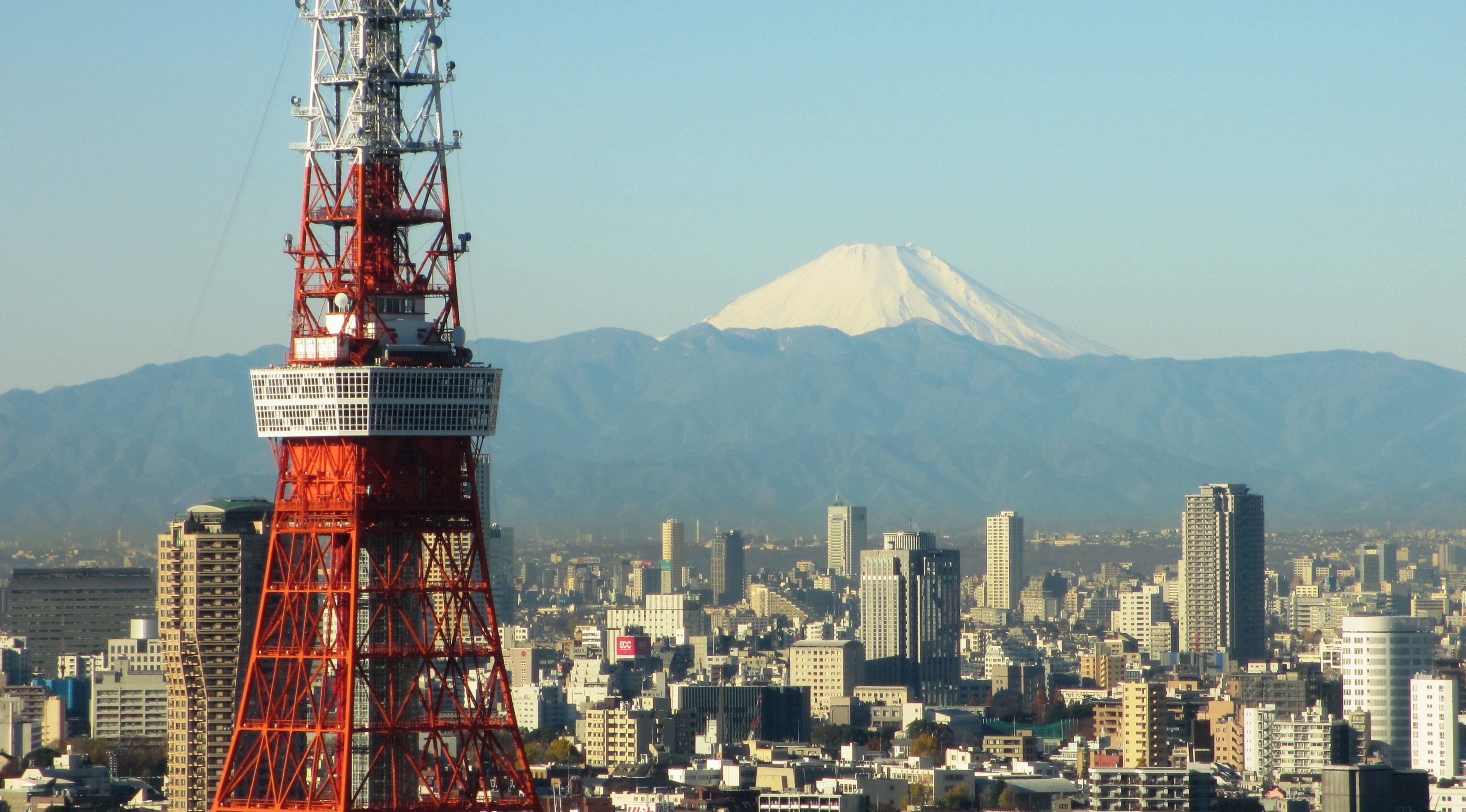 red and white tower, Japan, Tokyo, Tokyo Tower, Mount Fuji, architecture