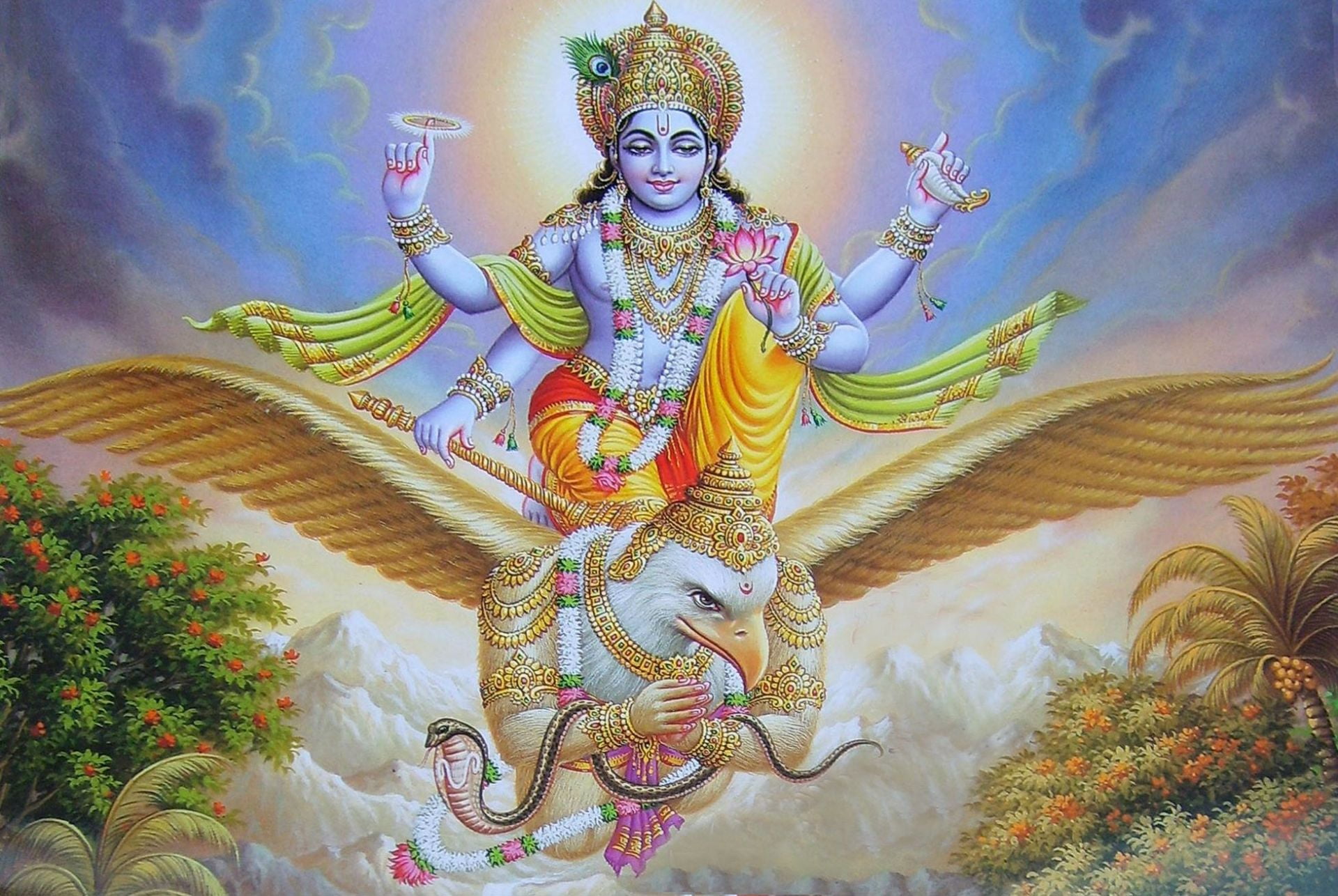 Lord Vishnu Sitting On Garuda, deity illustration, God, art and craft