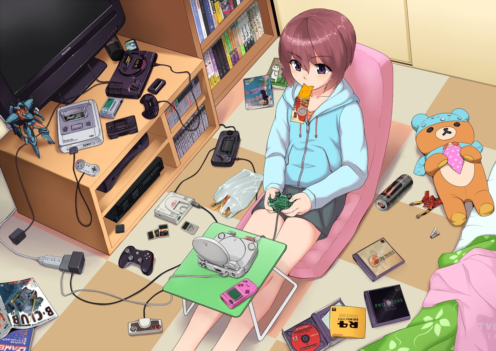 anime girl illustration, purple eyes, room, original characters