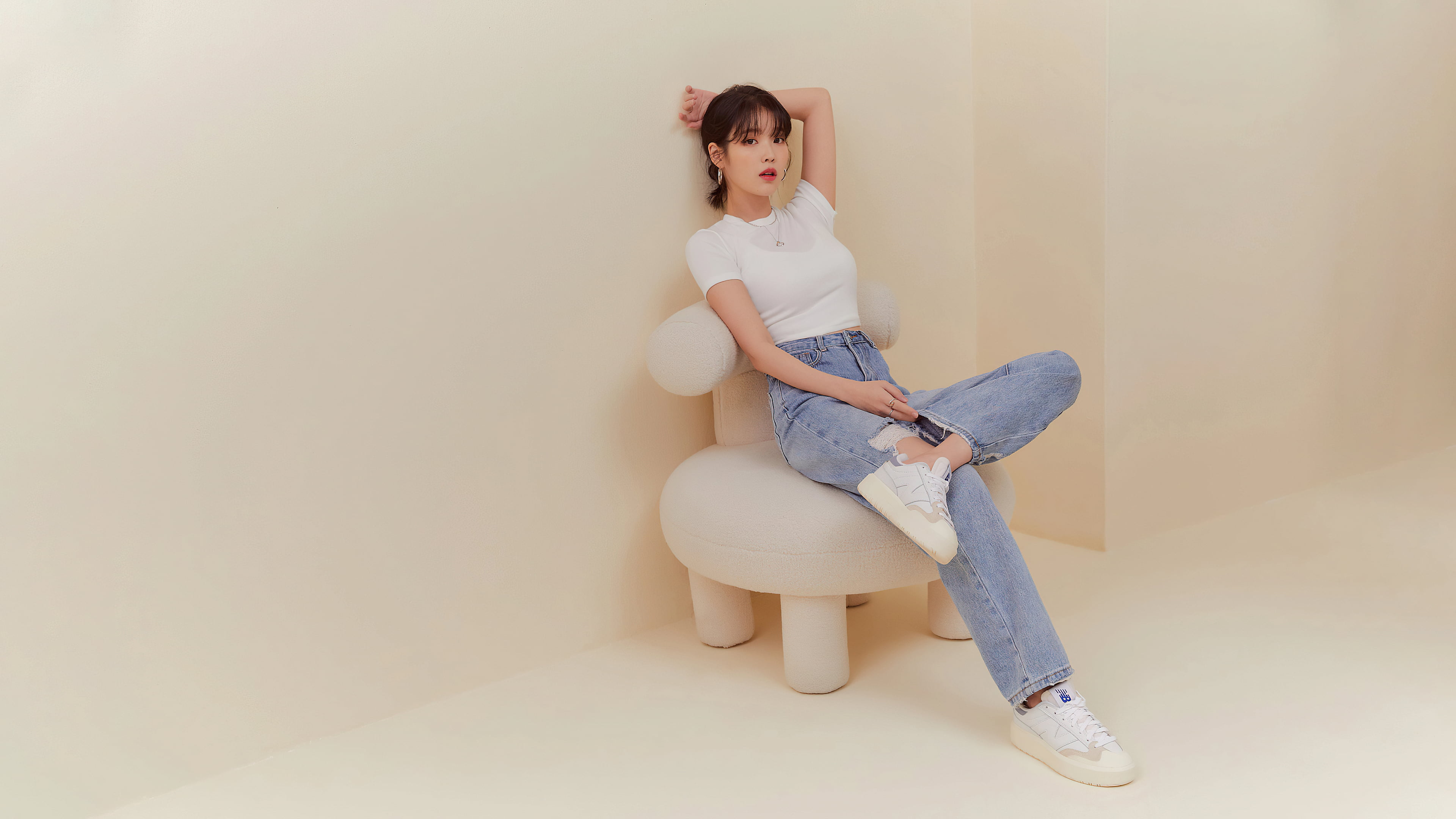 IU, Lee Ji-Eun, K-pop, light background, sneakers, jeans, chair
