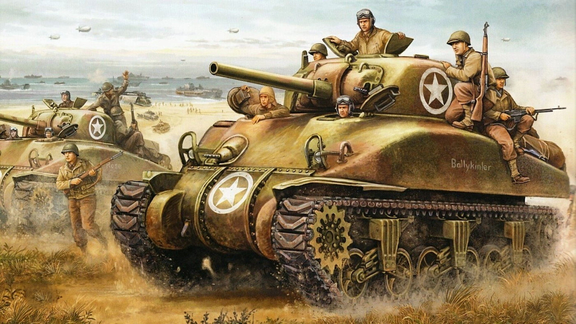 soldiers on battle tank painting, figure, Normandy, tanks, landing