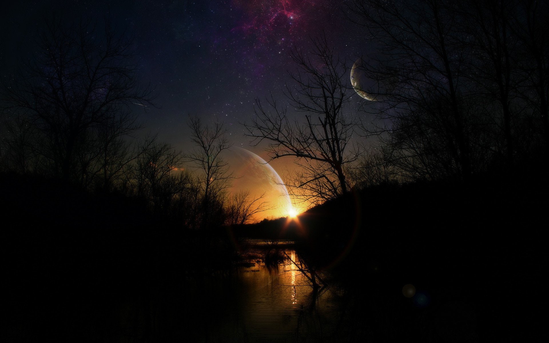 forest, light, mist, night, planet, river, sky