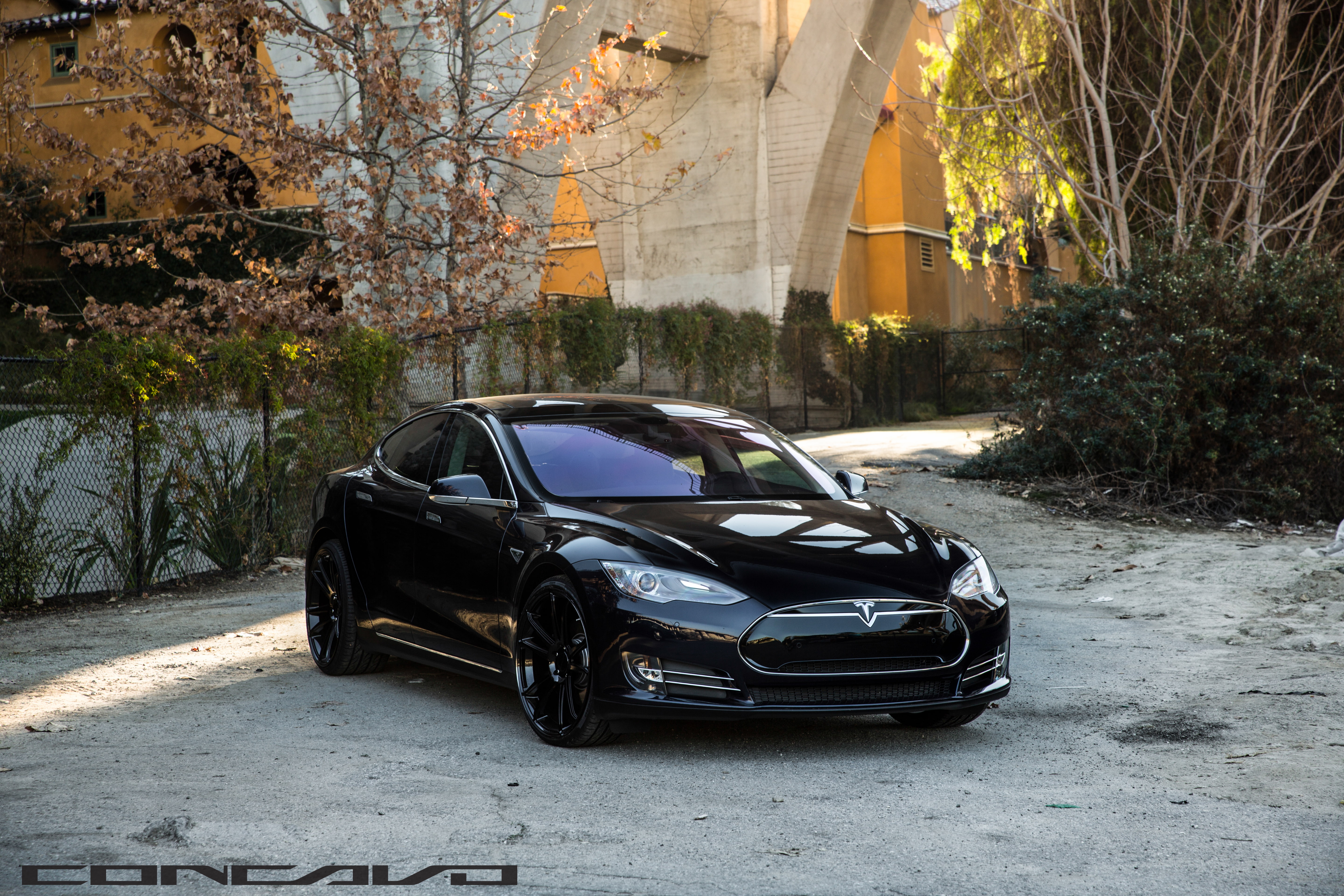 black sedan, machine, autumn, trees, optics, before, auto, Tesla