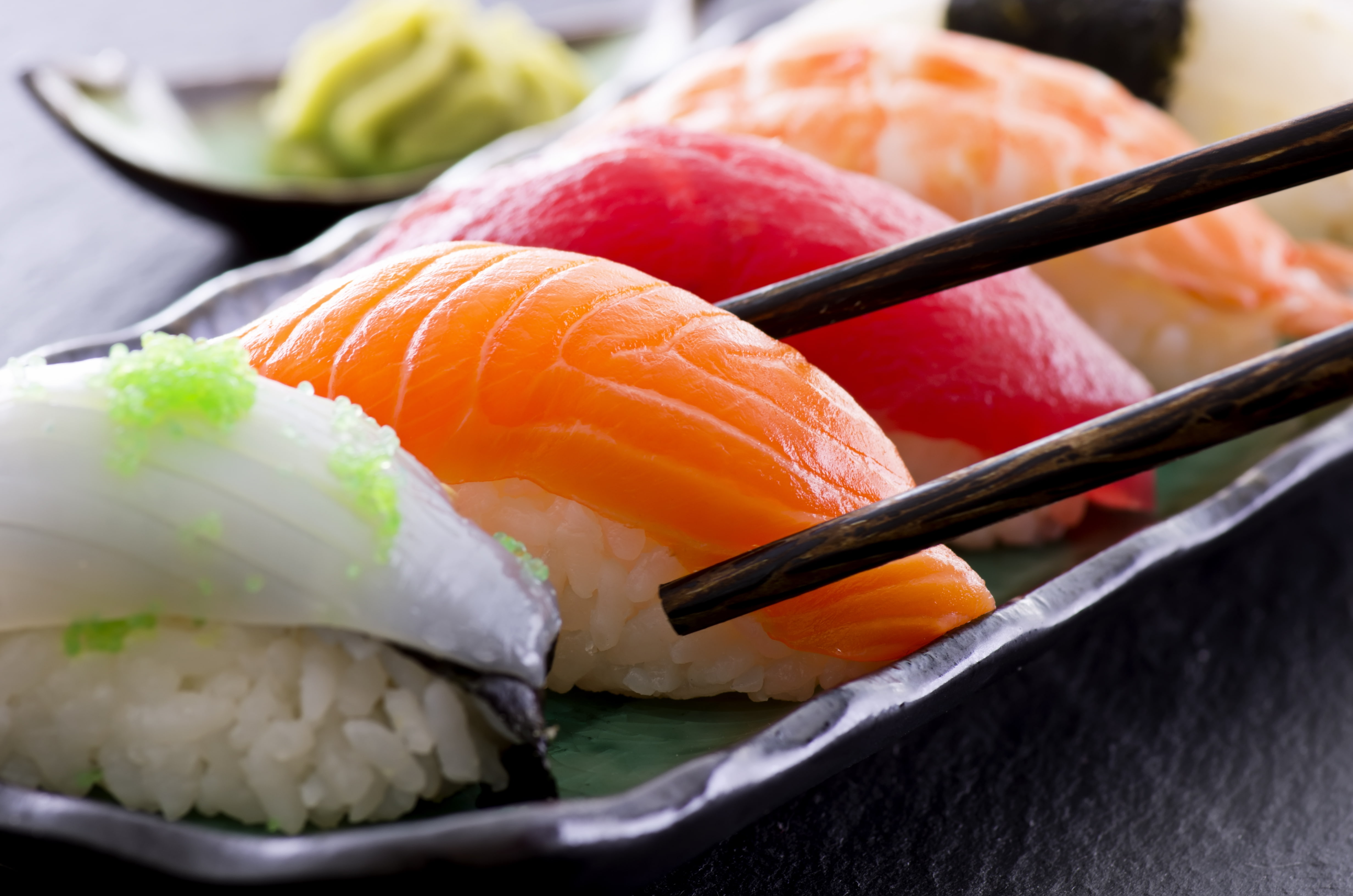 salmon sashimi, food, kitchen, dish, sushi, seafood, chopsticks