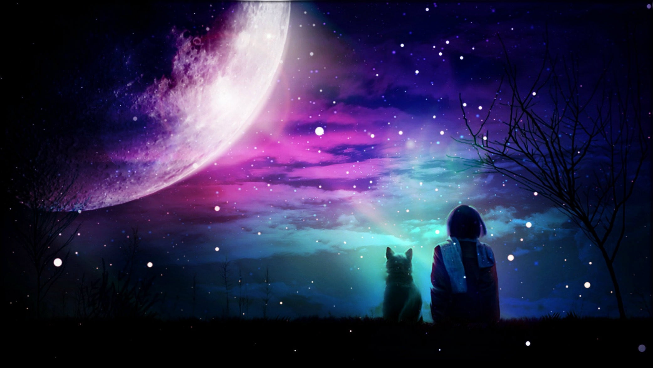 earth moon with purple light illustration, artwork, digital art
