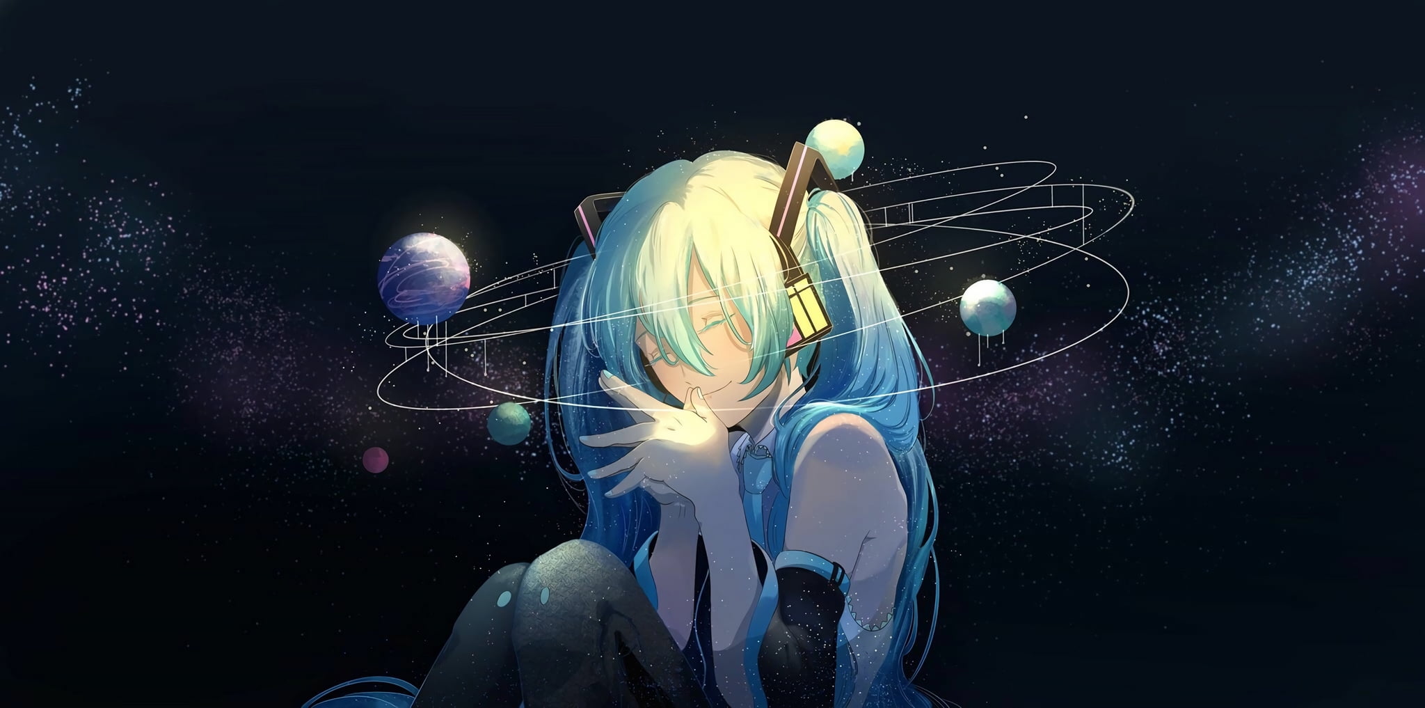 blue haired female anime character digital wallpaper, night, Hatsune Miku