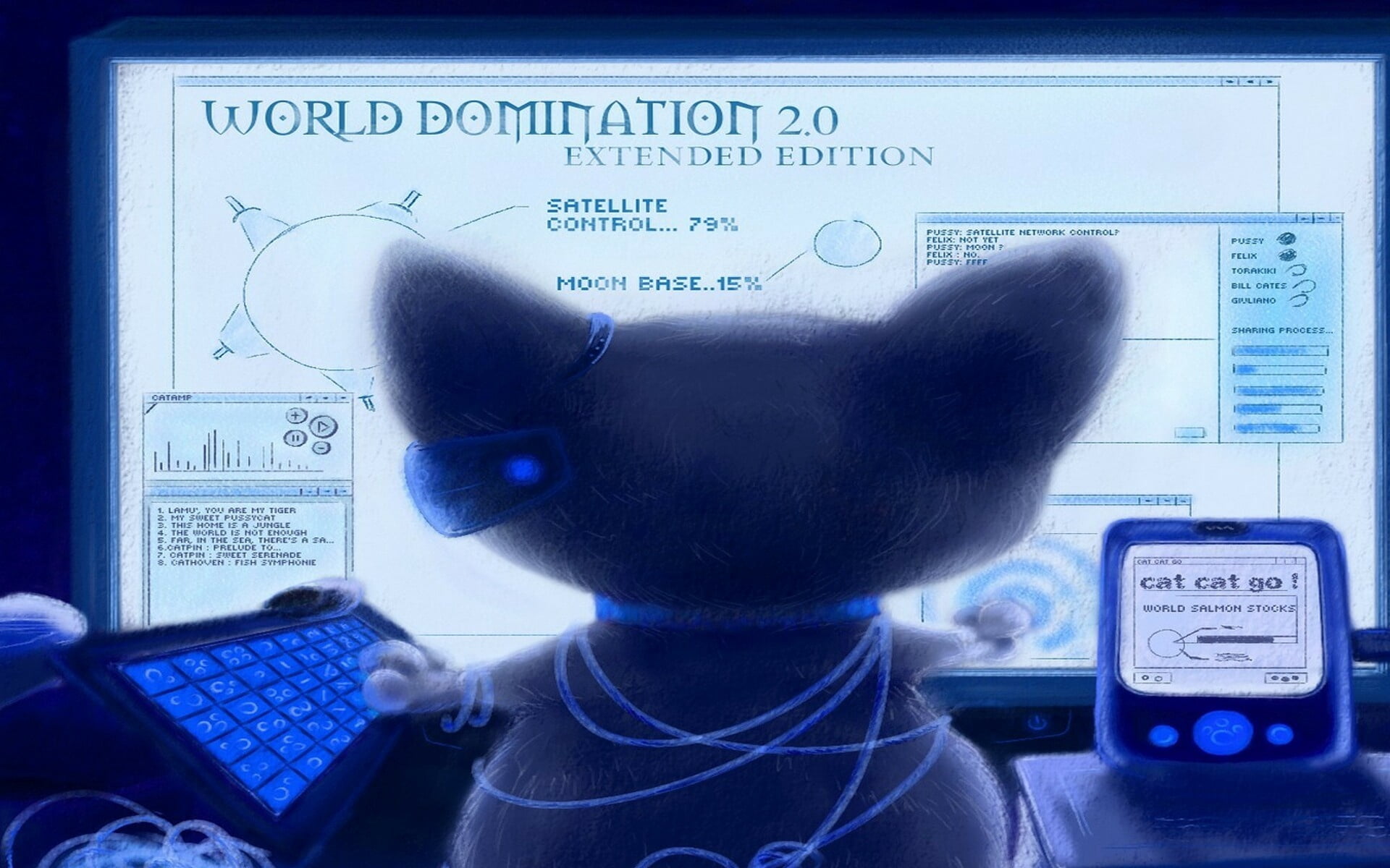 gray cat illustration, computer, blue, screen, keyboard, editorial