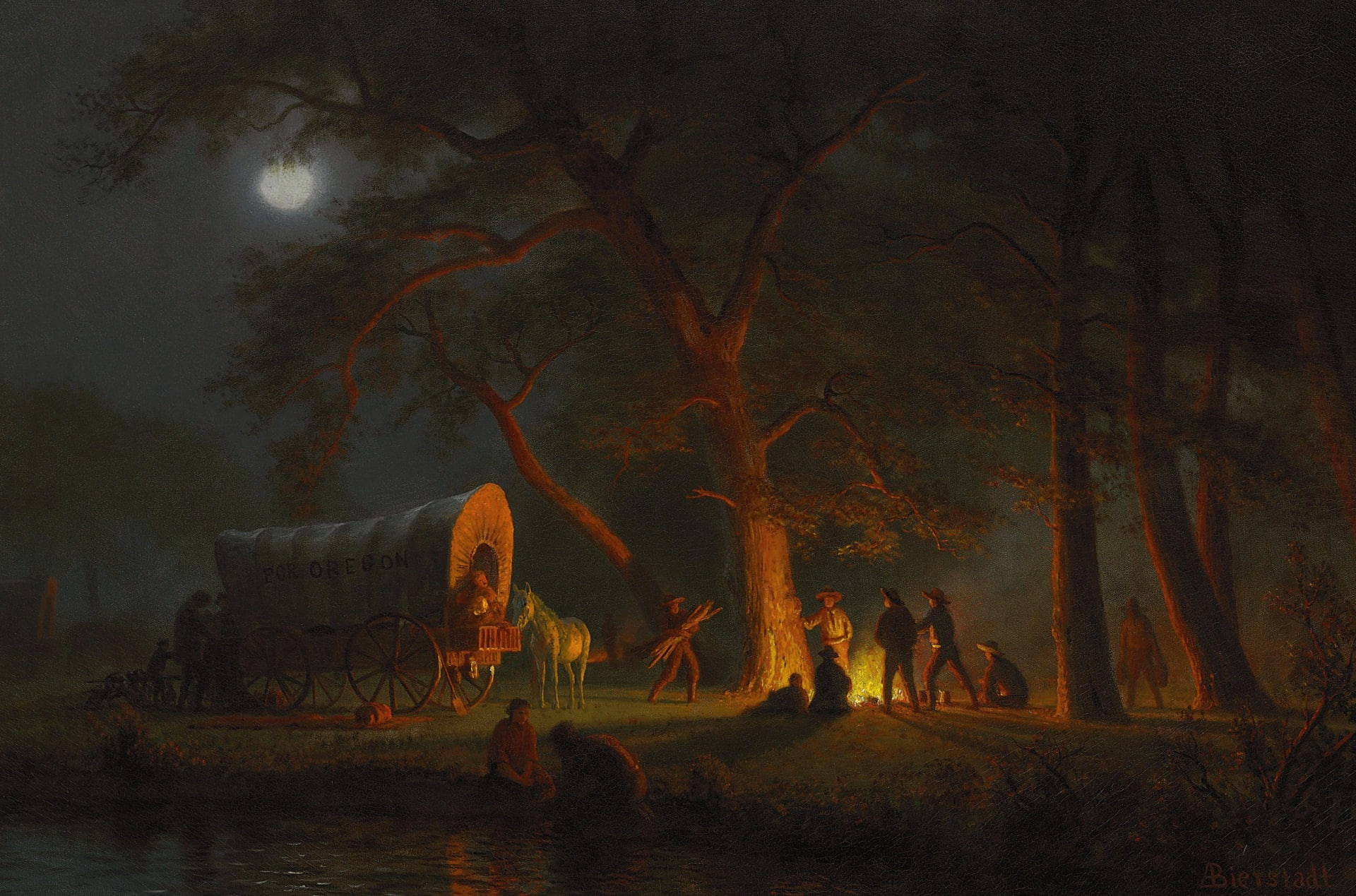 people, picture, wagon, bed, genre, Albert Bierstadt, Oregon Trail