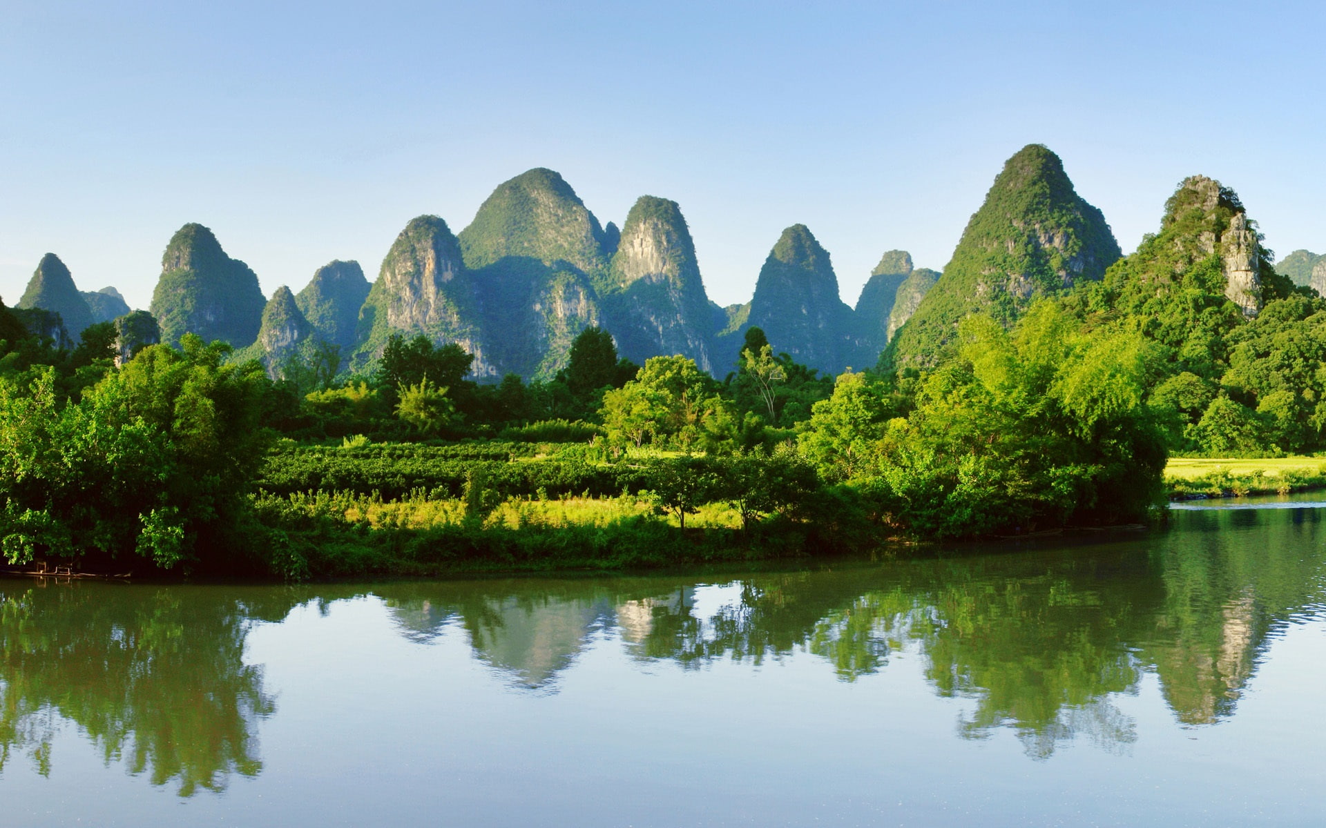 Guilin, Yangshuo landscape, China, mountains, river, water reflection