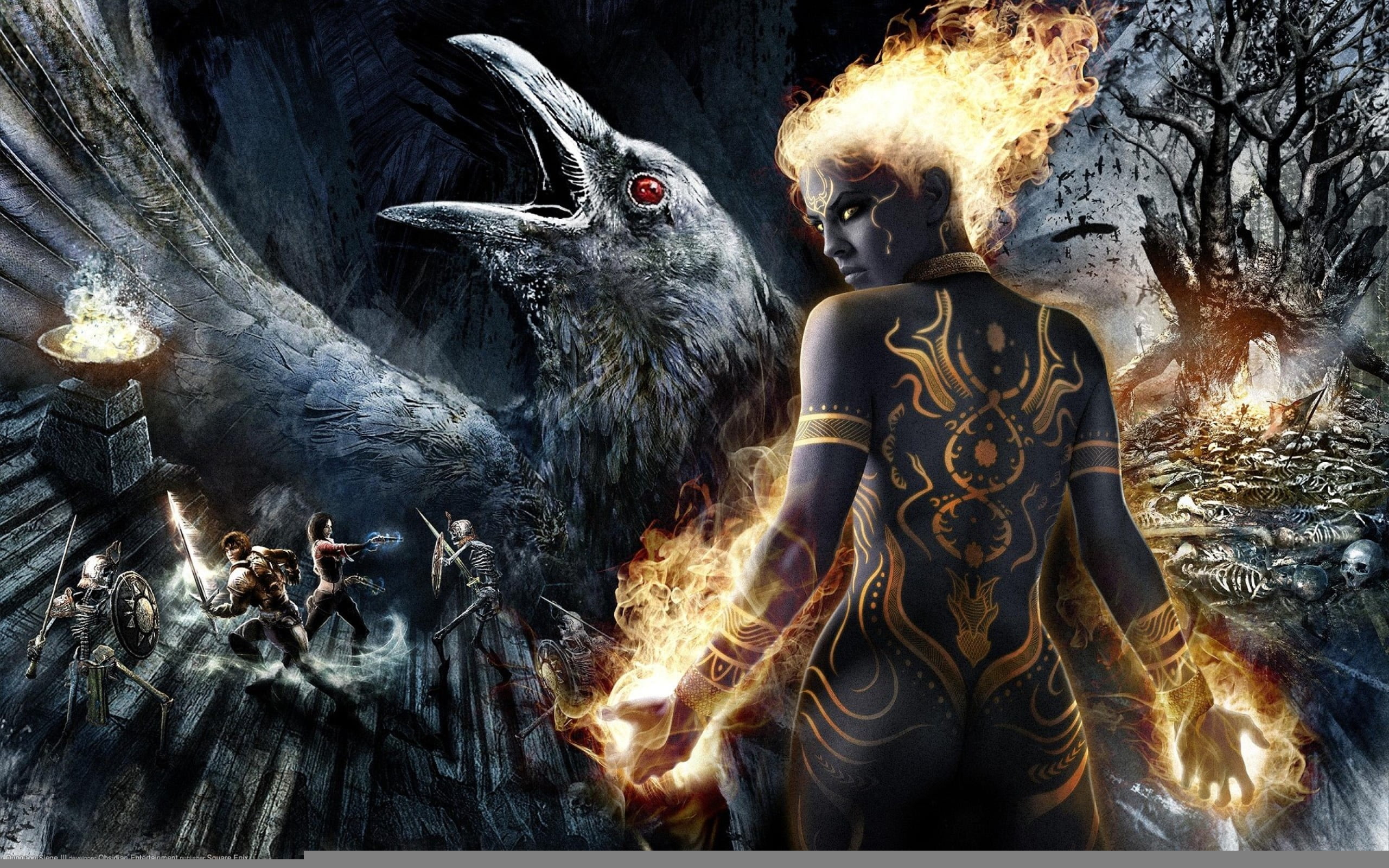 Dark Souls raven wallpaper, girl, fire, magic, the darkness, tattoo
