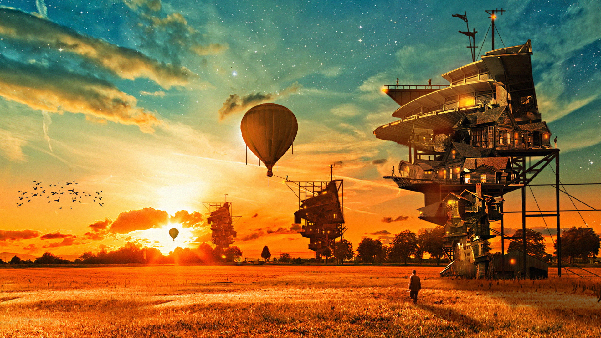 aerostat, balloon, fantasy, houses, steampunk