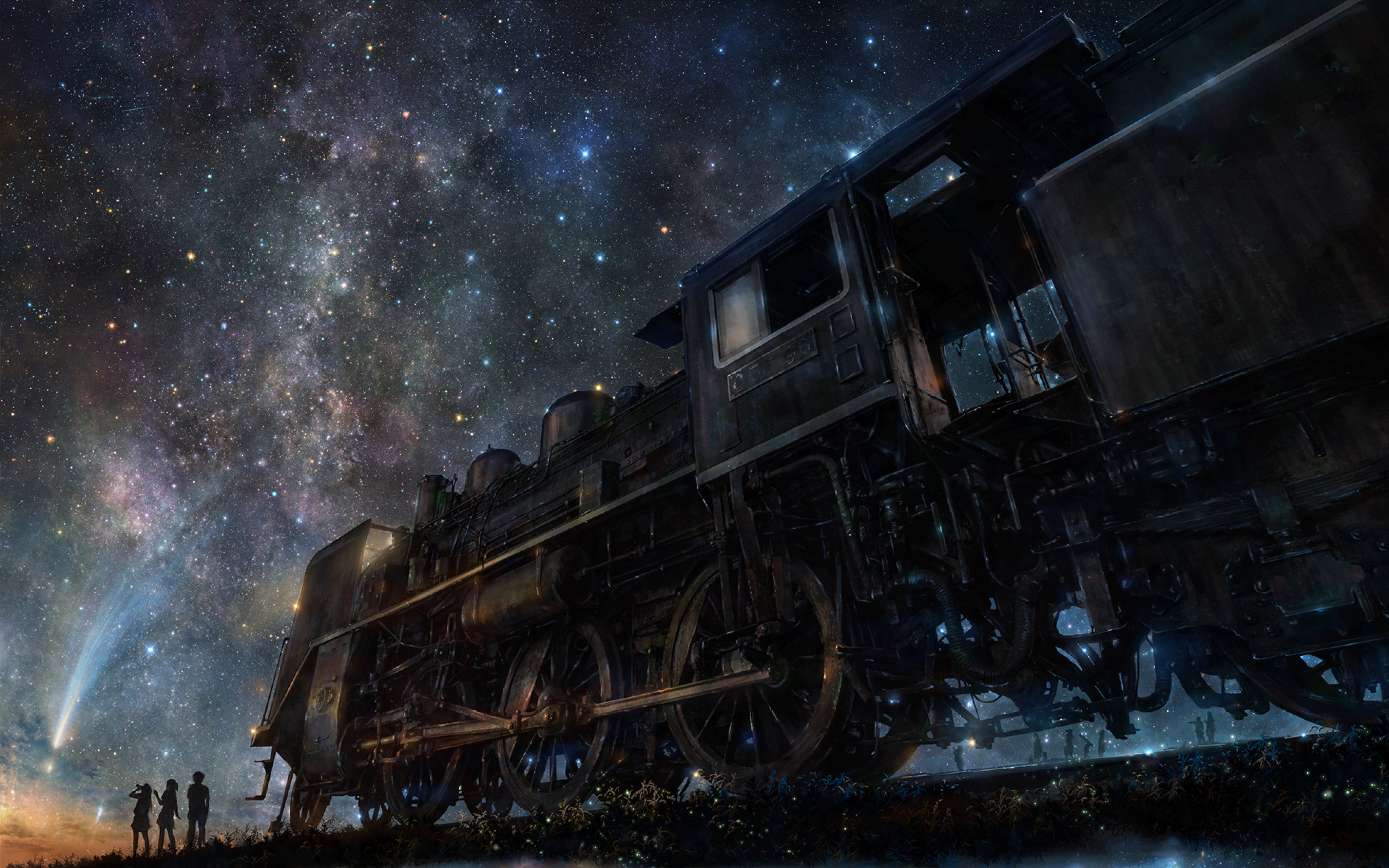 iy tujiki, art backgrounds, night, train, anime, starry sky