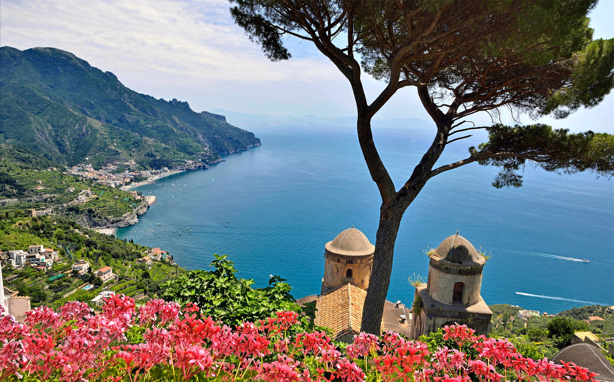 red flowers plant, sea, the sky, trees, mountains, Italy, Salerno
