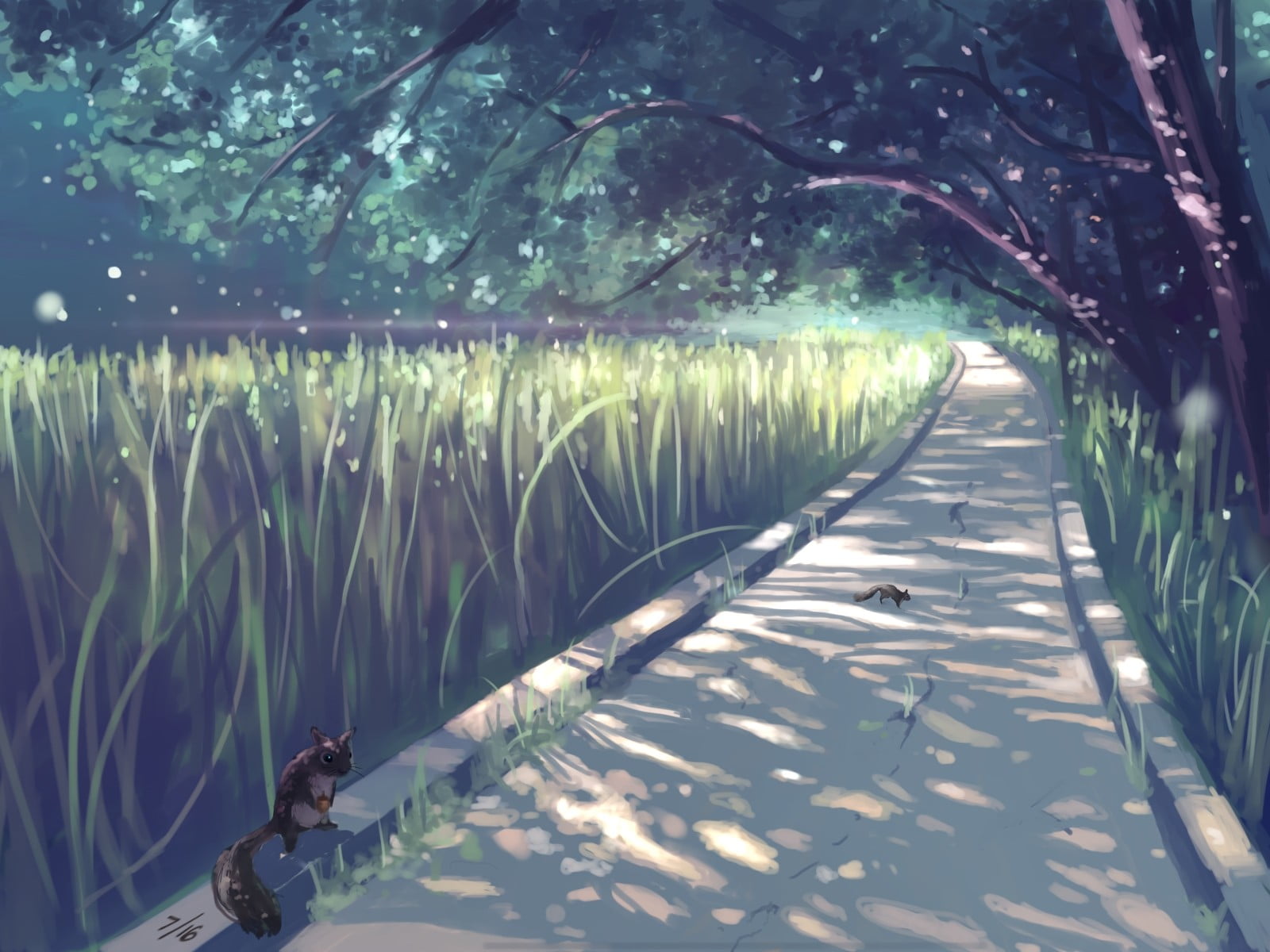 pathway surrounded by trees wallpaper, anime, squirrel, plant