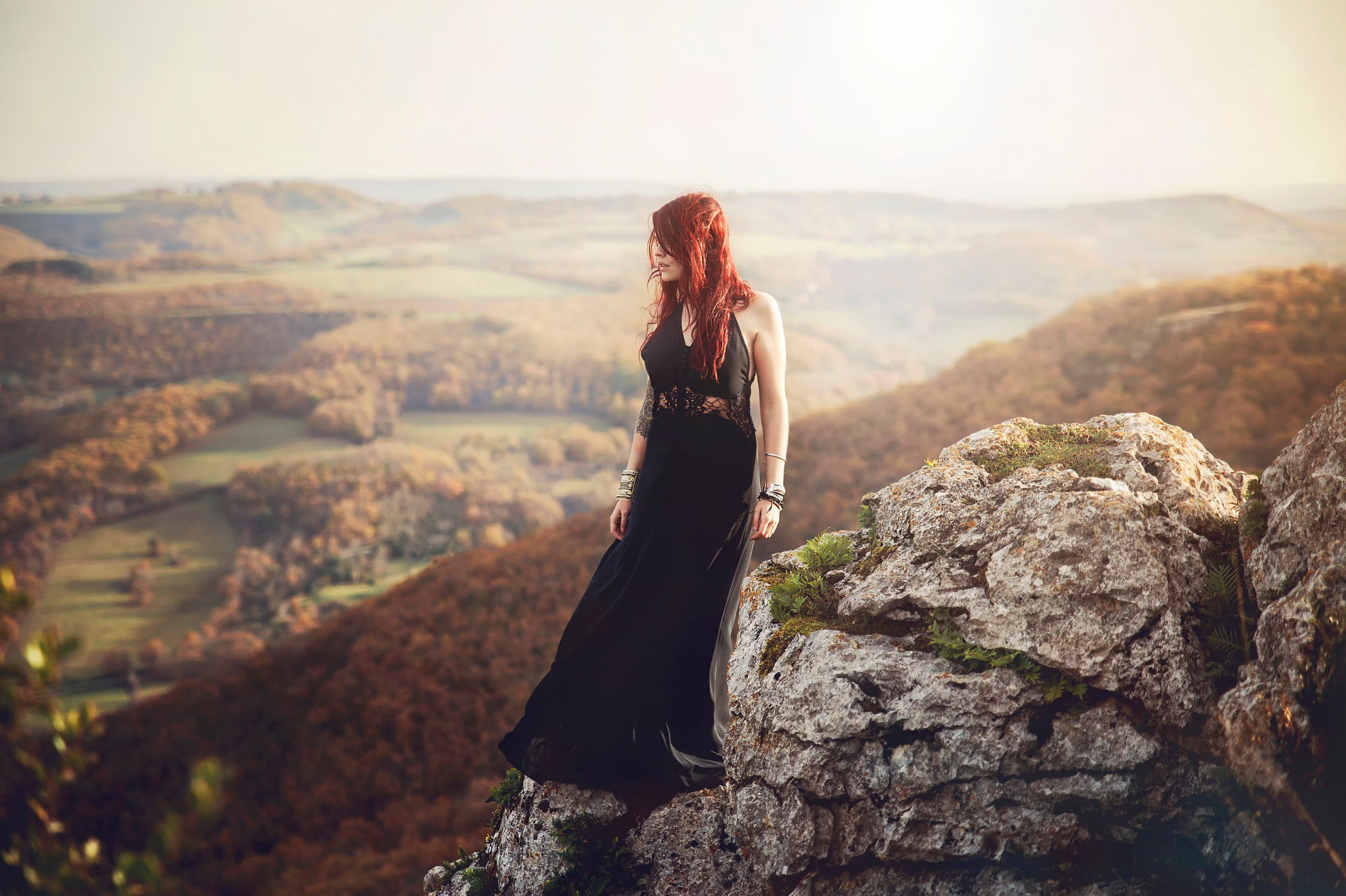 women's black halterneck maxi dress, landscape, redhead, one person