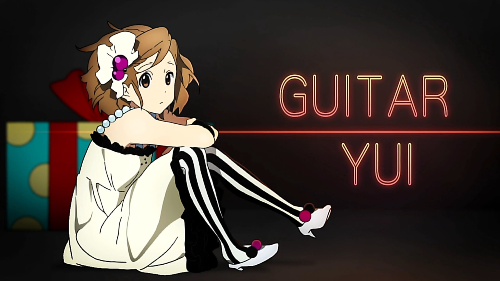 Guitar Yui, girl, k-on, brunette, posture, background, computer Graphic
