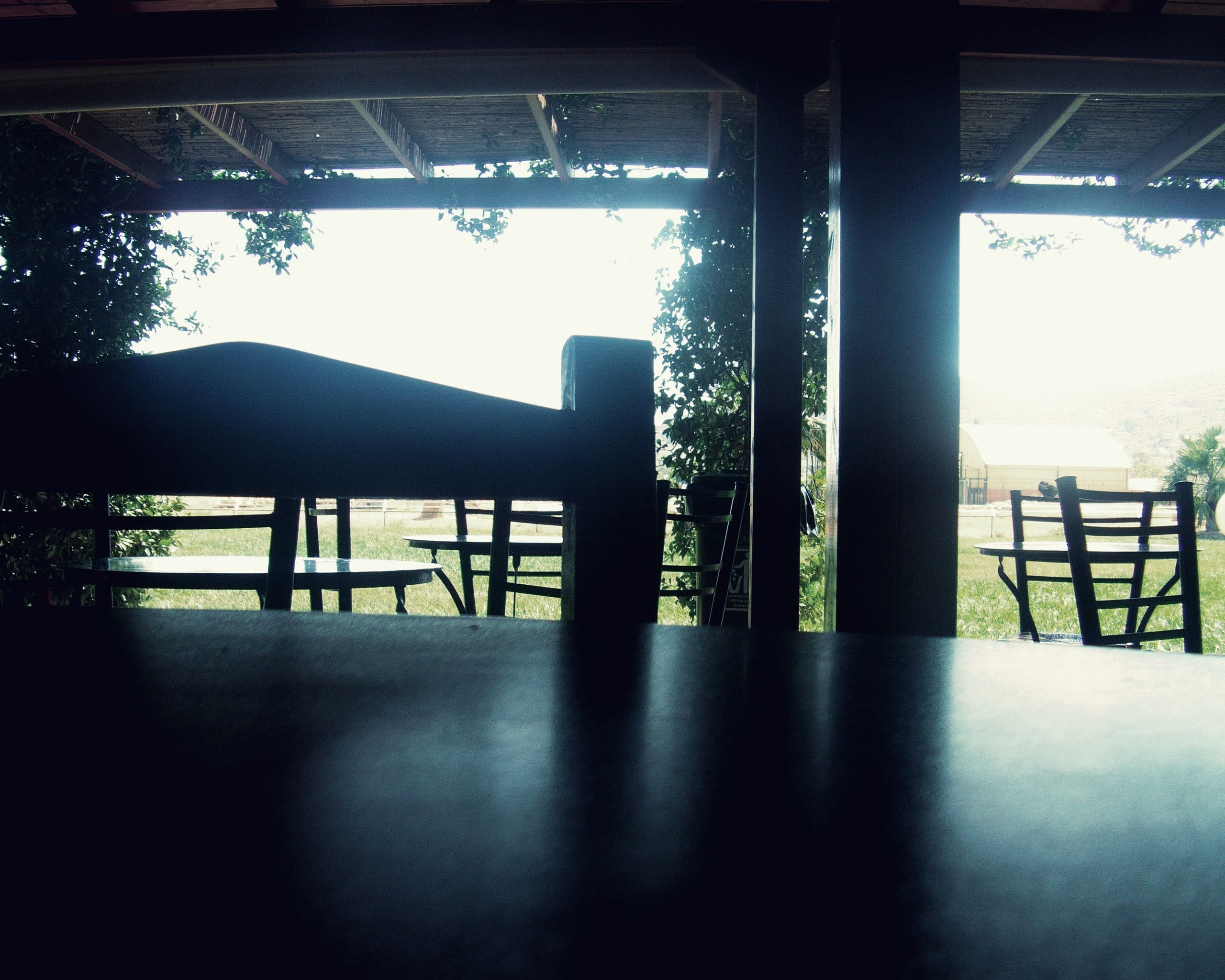 green leafed trees, table, light, shadow, architecture, built structure