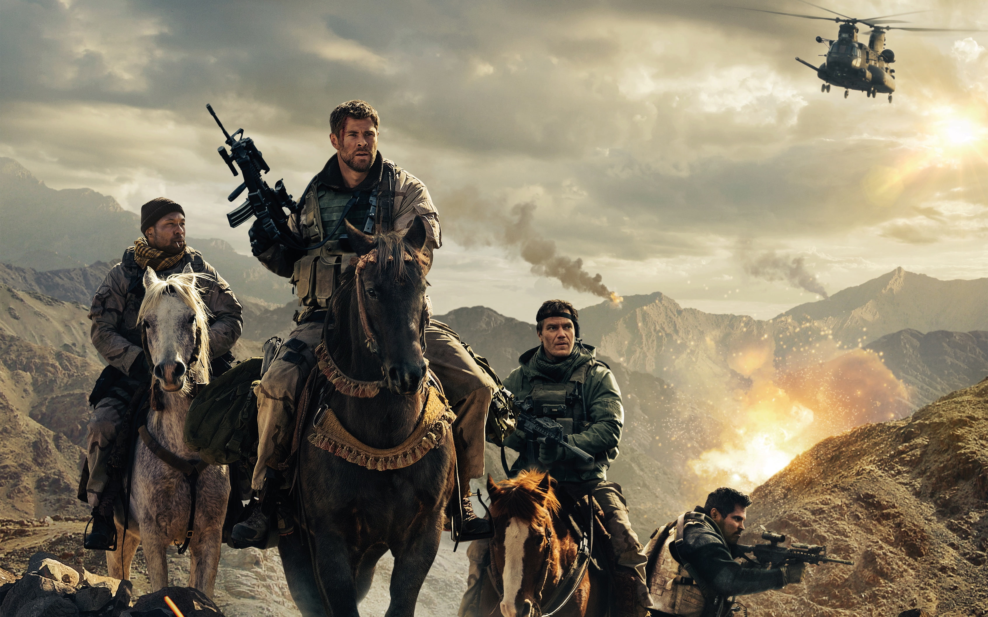 mountains, weapons, helicopter, riders, action, poster, Chris Hemsworth