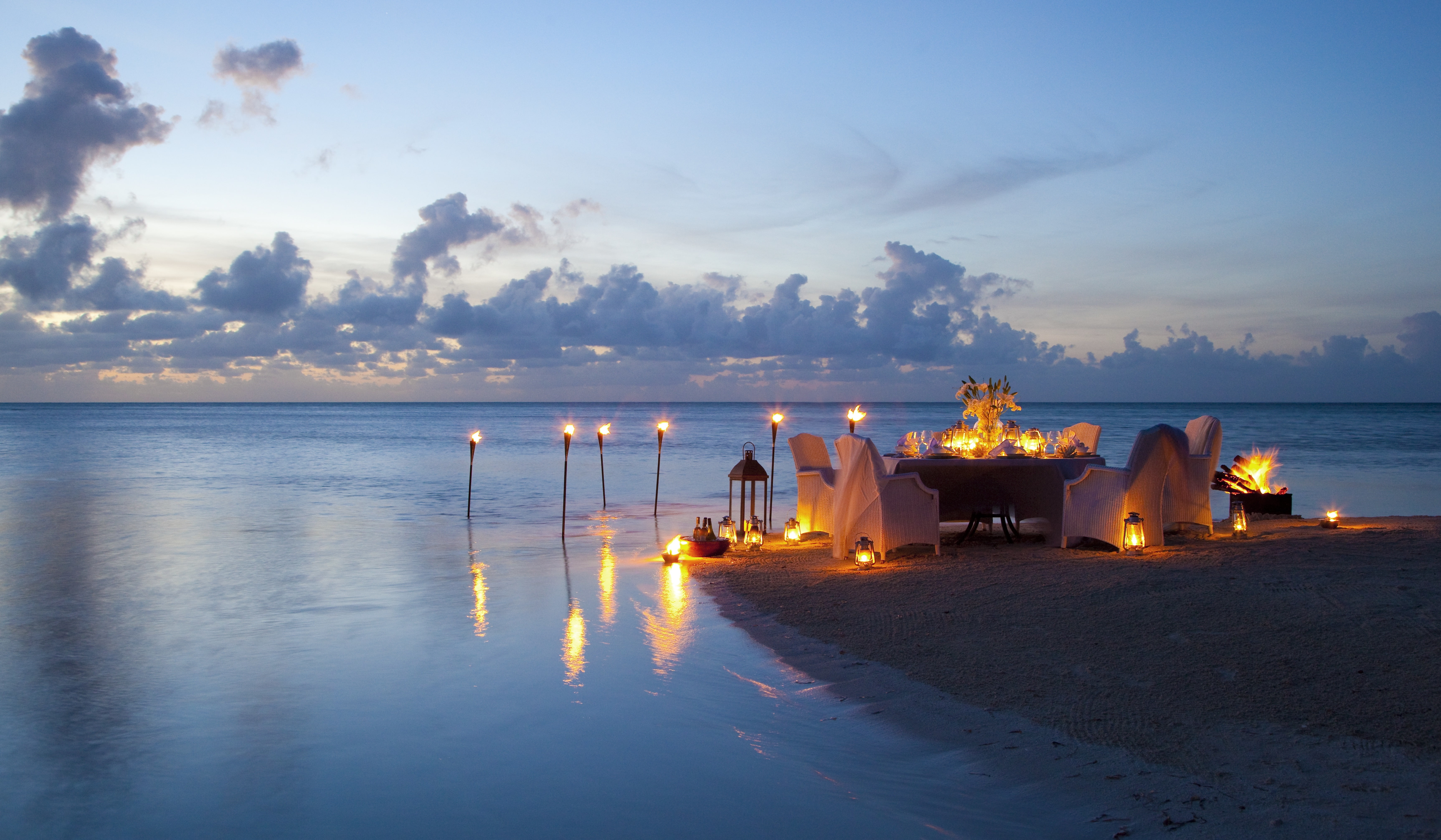 white chairs, beach, the ocean, romance, the evening, candles