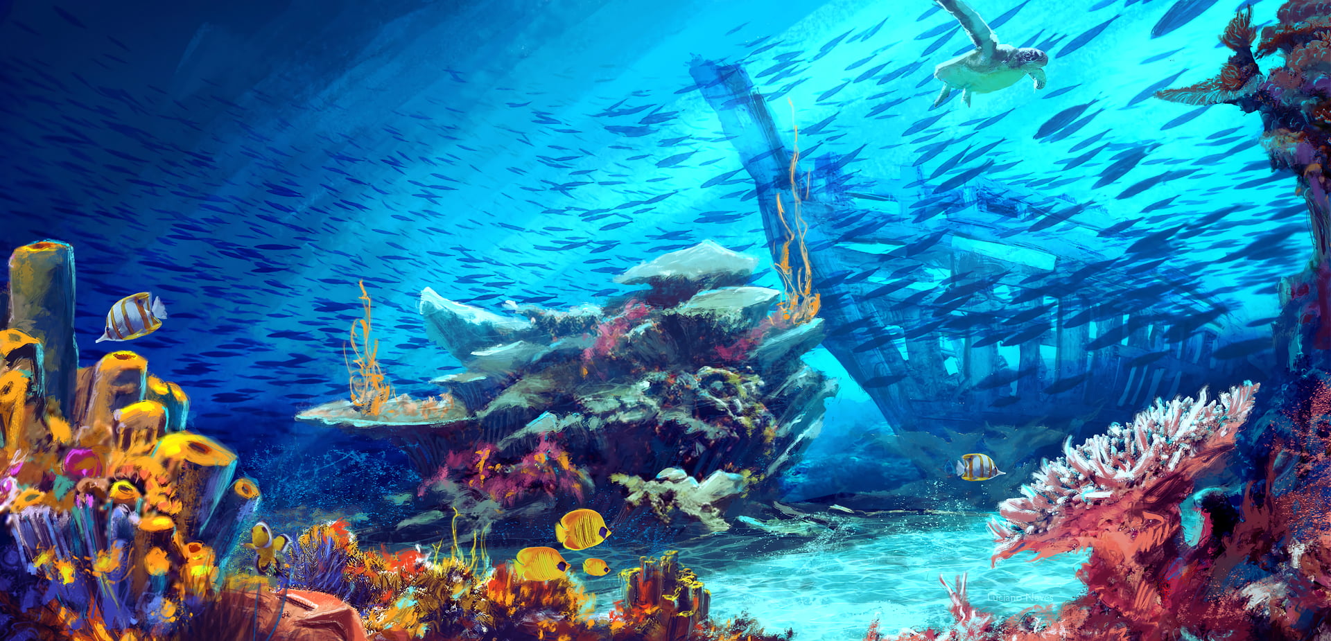 coral, turtle, fish, sea, underwater, artwork, digital art