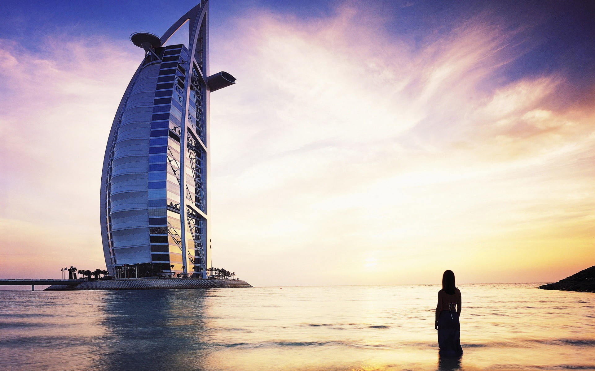 Burj Al Arab, dubai, silhouette, girl, sea, architecture, outdoors