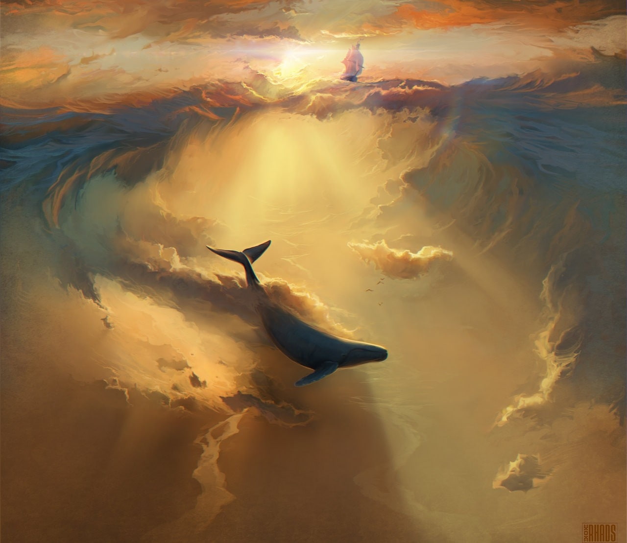 paintings ocean ships whales dreams infinite 1280x1109  Nature Oceans HD Art