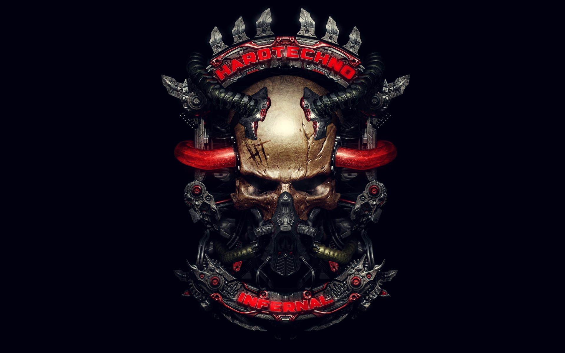 gold skull logo, style, music, mechanism, tube, infernal, hardtechno