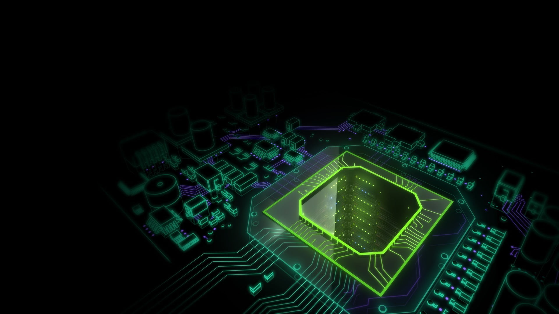 green and black circuit board illustration, computer, render