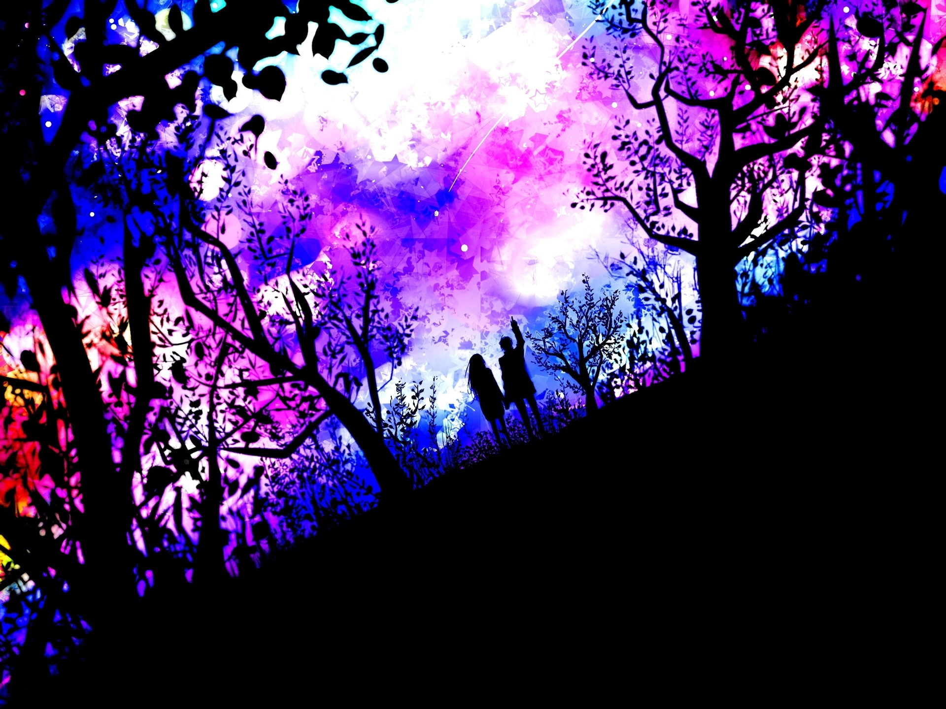 Art pictures, couple, nature, trees, stars, purple