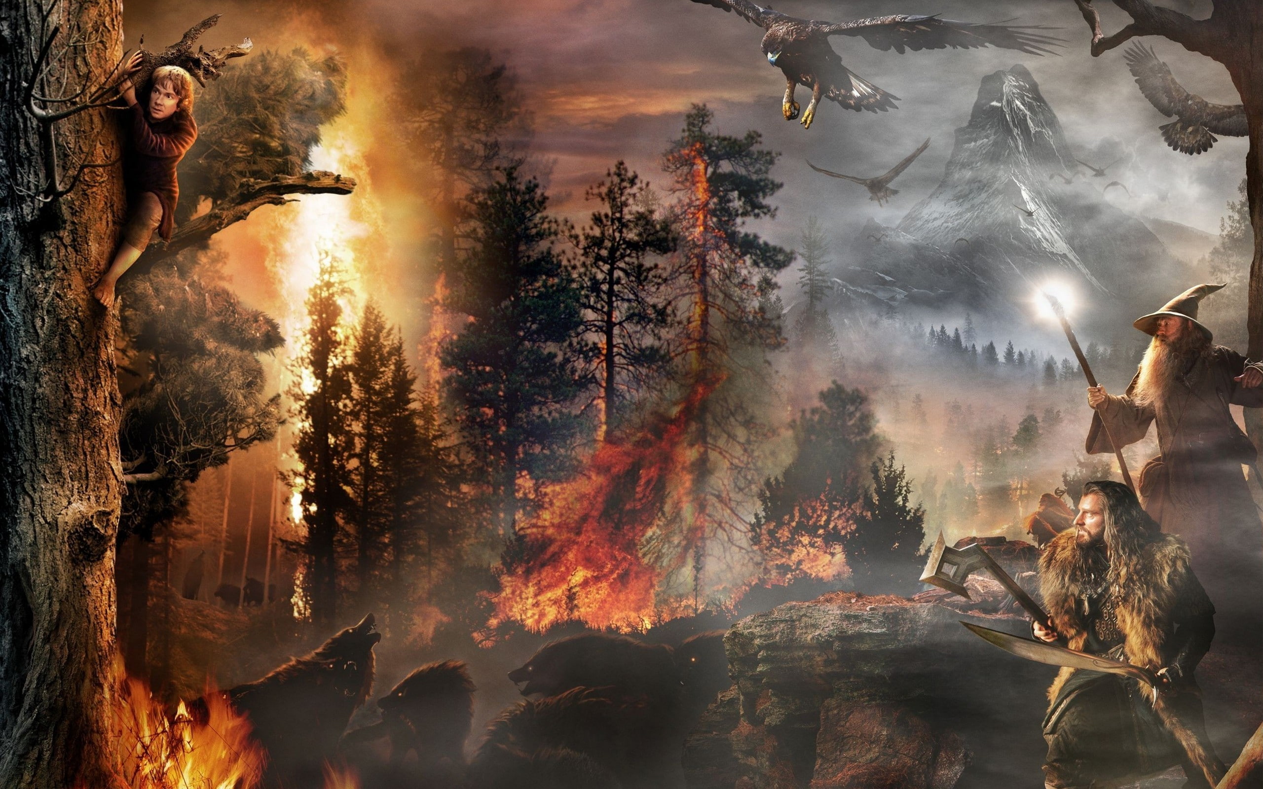 The Hobbit digital wallpaper, trees, fire, wolves, the eagles