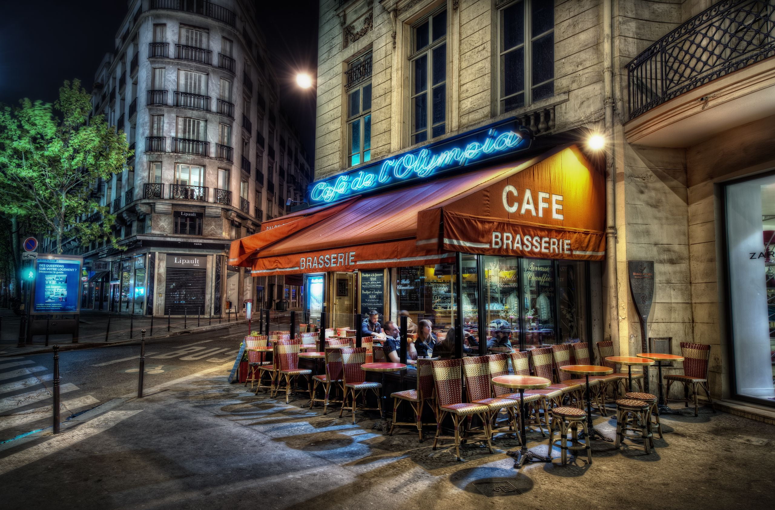 brown Cafe awning, Paris, the evening, France, capital, night