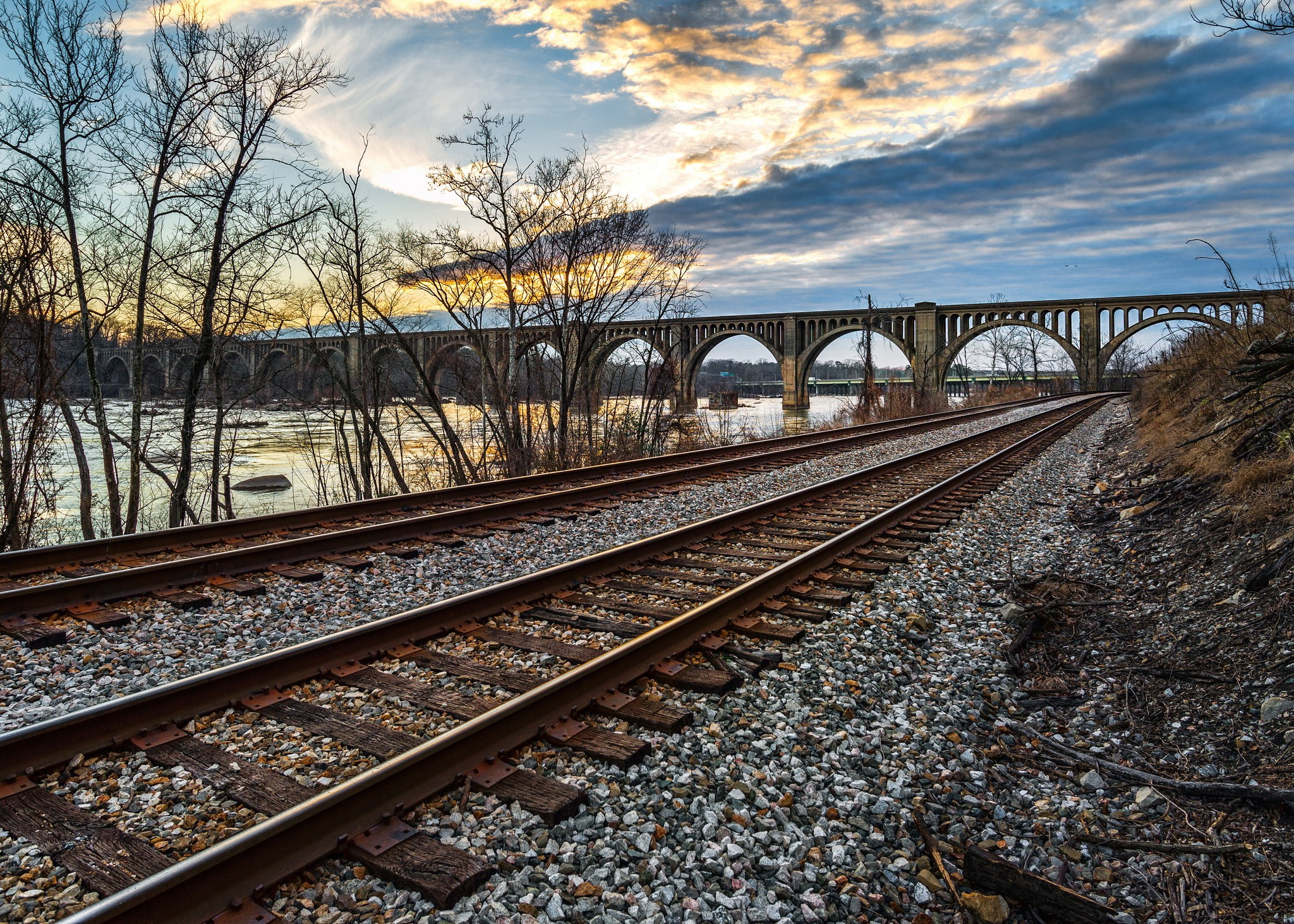 landscape, bridge, railway, rail transportation, railroad track