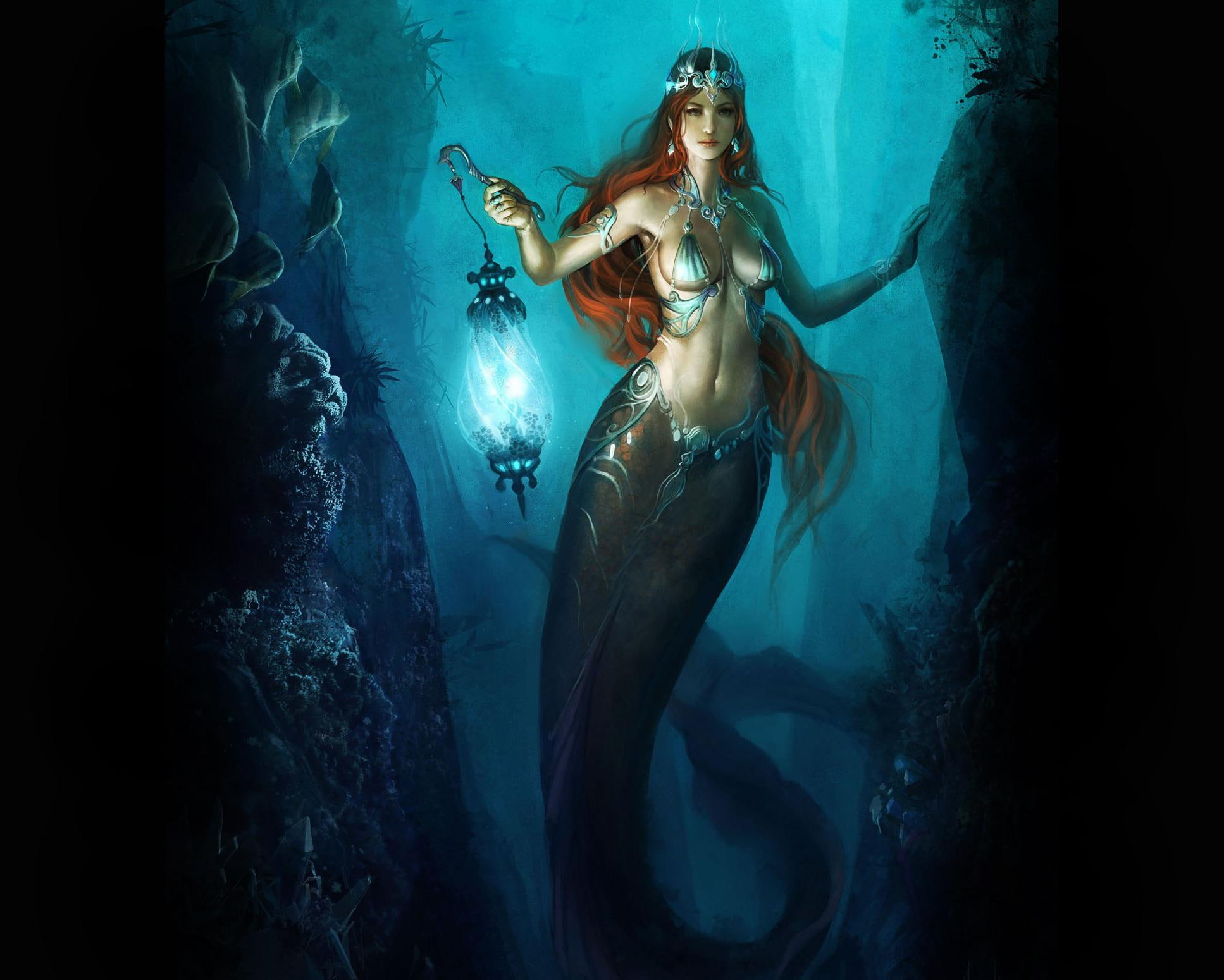 Mermaid With Lamp, lovely, dreamer, underwater, beautiful, grace